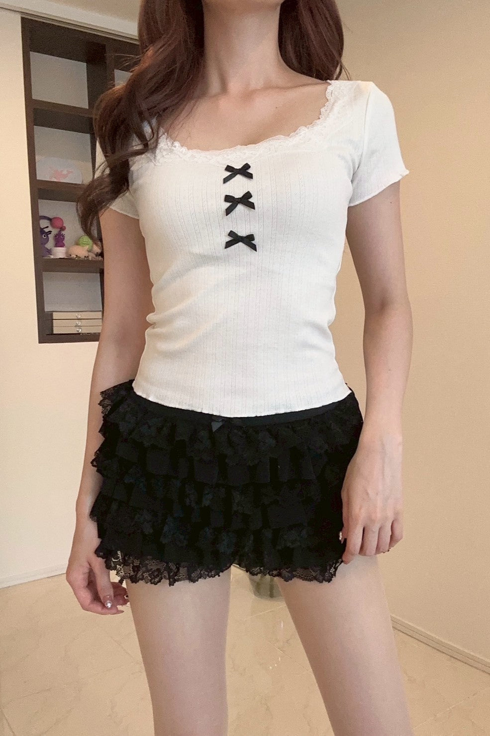 スクエアネックリボンレースTシャツ KR11081