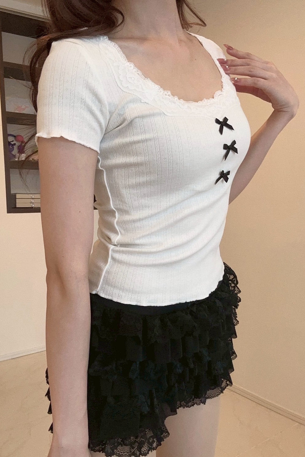 スクエアネックリボンレースTシャツ KR11081