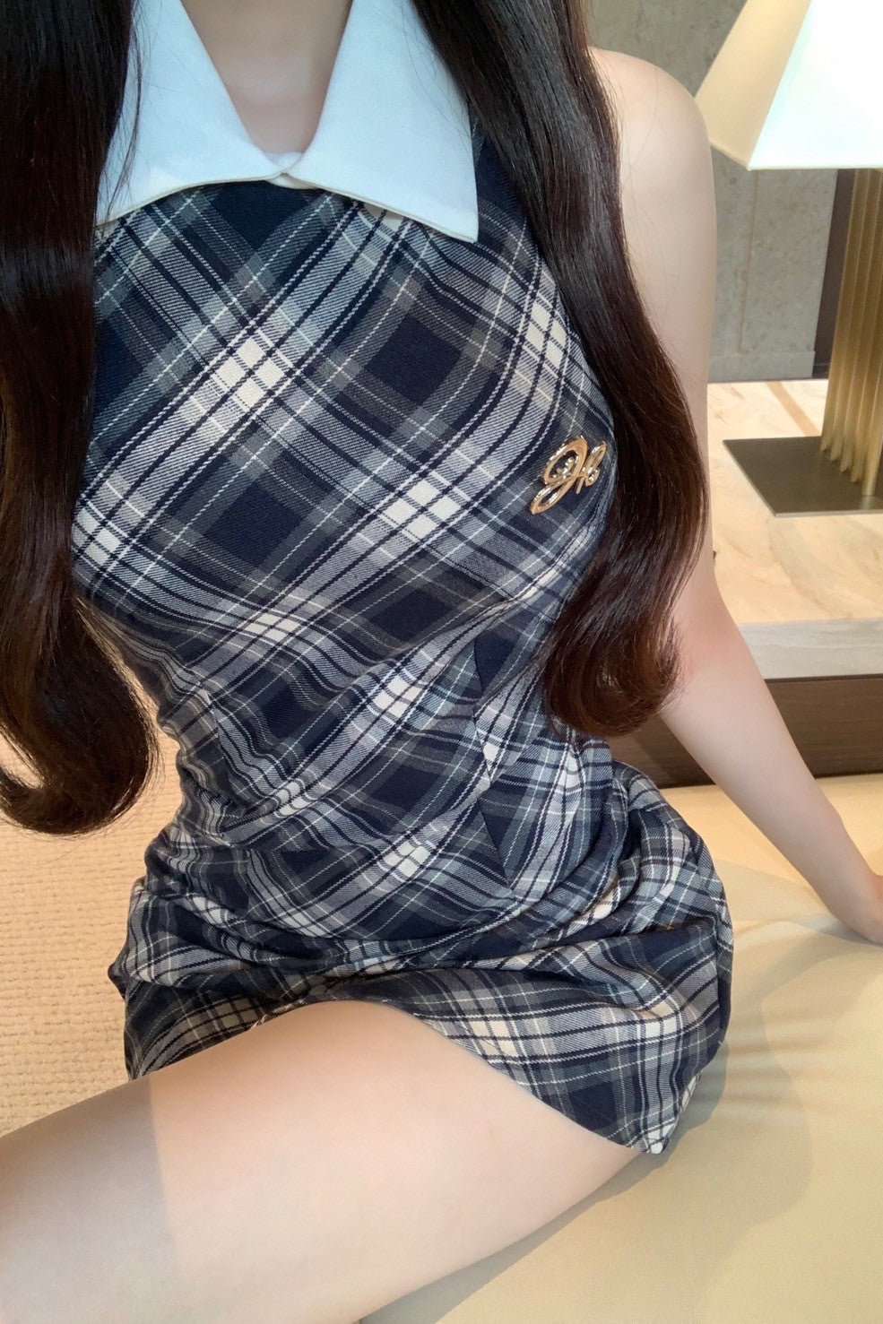 ブルーチェックタイトワンポイントワンピース KR11391
