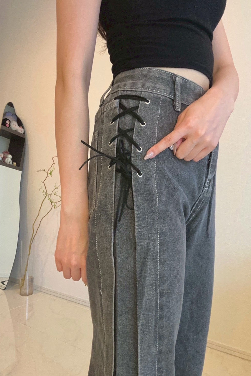 サイドレースアップワイドデニムパンツ KR13033