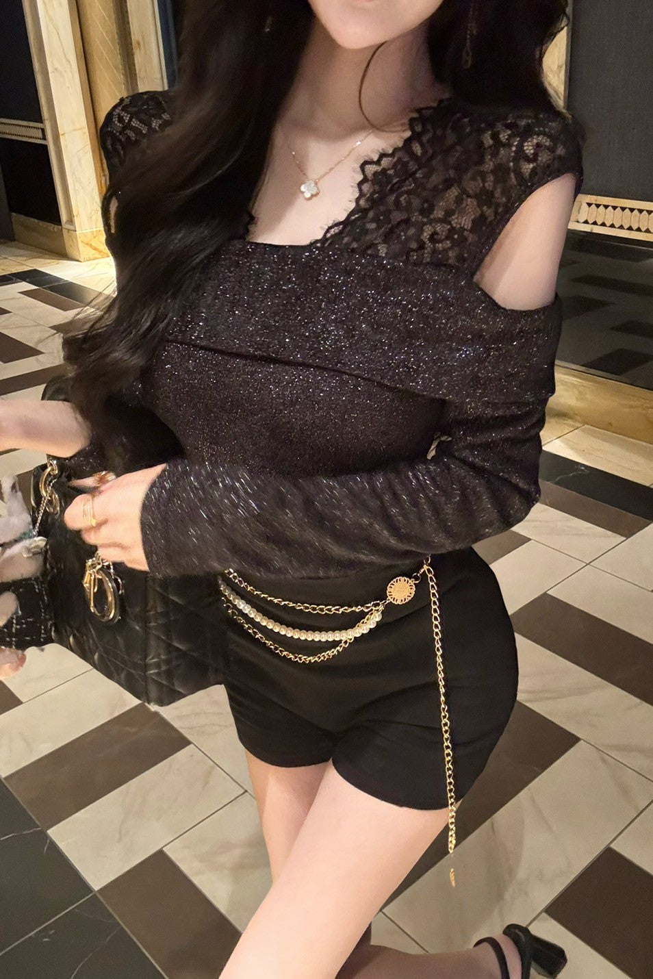 レースネックグリッタートップス KR12413