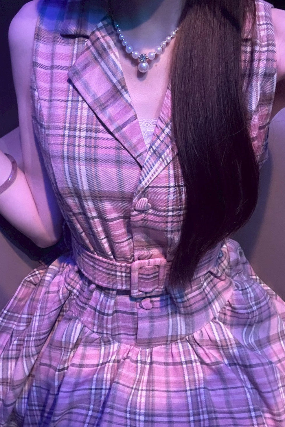 Vネックチェックピンクワンピース KR11633