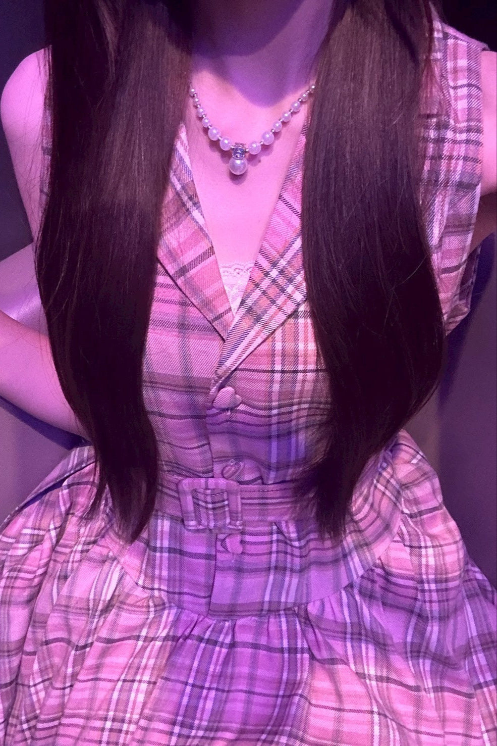 Vネックチェックピンクワンピース KR11633