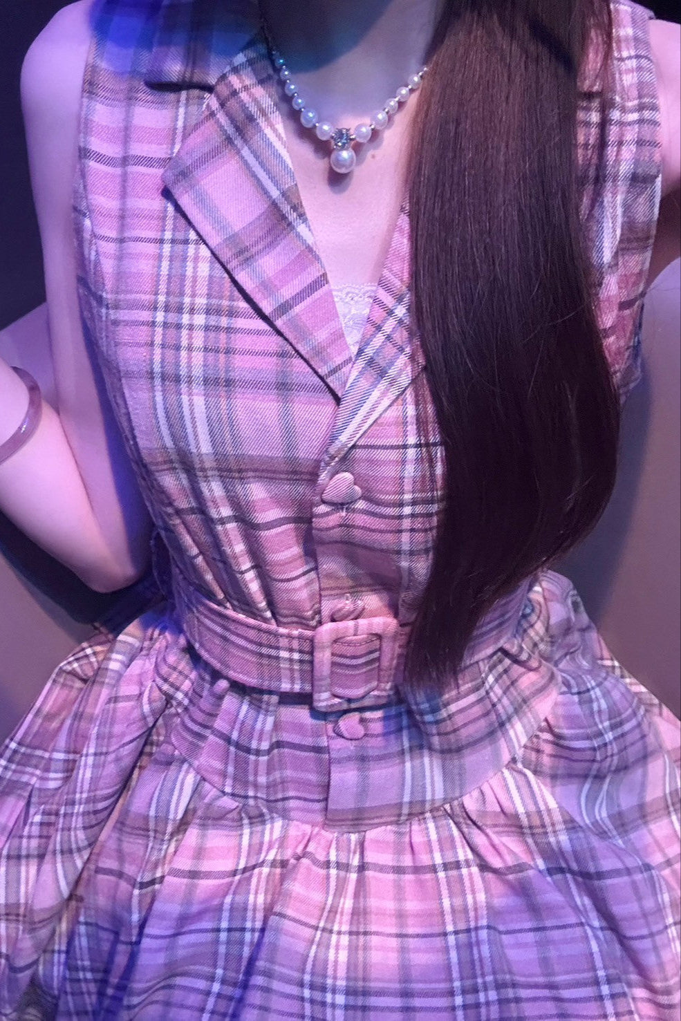 Vネックチェックピンクワンピース KR11633