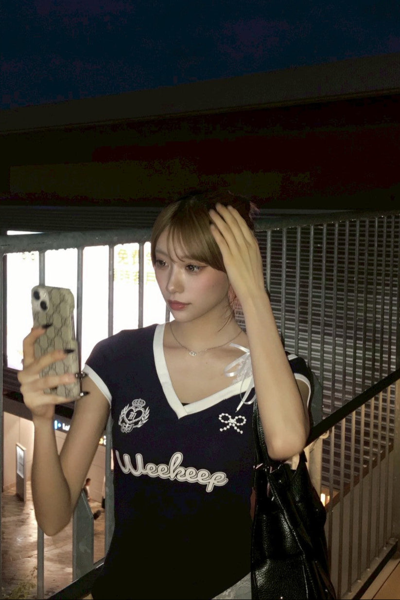 リボンオフショルユニークTシャツ KR10981