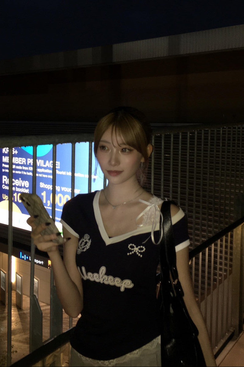 リボンオフショルユニークTシャツ KR10981