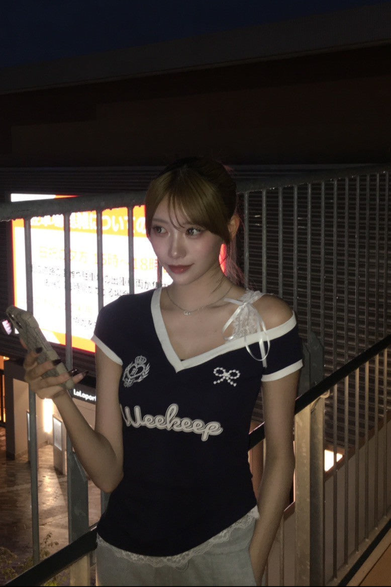 リボンオフショルユニークTシャツ KR10981