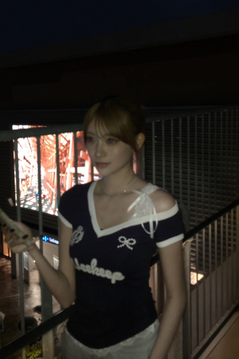 リボンオフショルユニークTシャツ KR10981