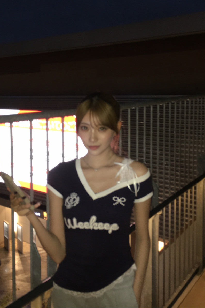 リボンオフショルユニークTシャツ KR10981