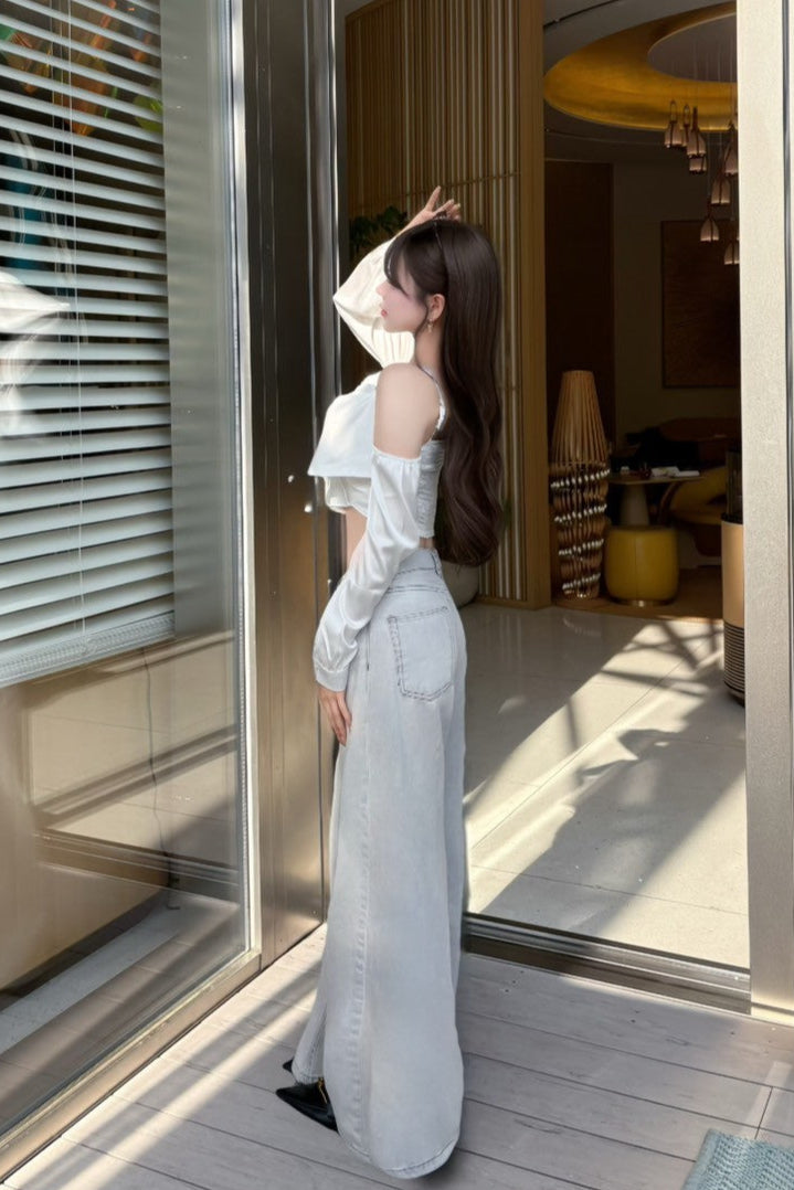 オフショルダーサテンリボントップス KR10117