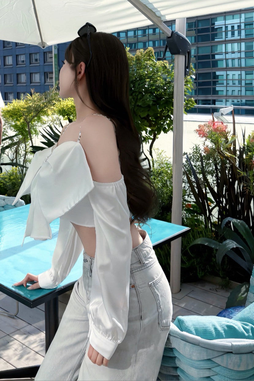 オフショルダーサテンリボントップス KR10117