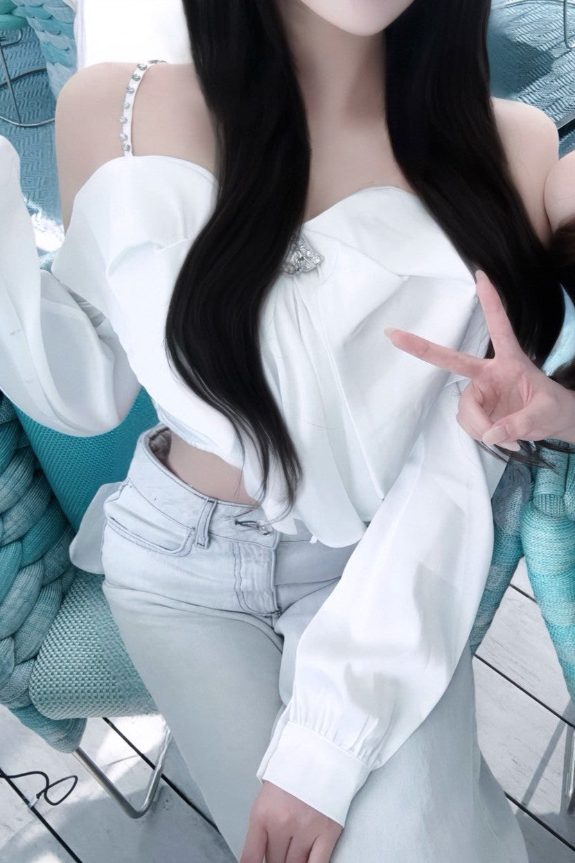 オフショルダーサテンリボントップス KR10117