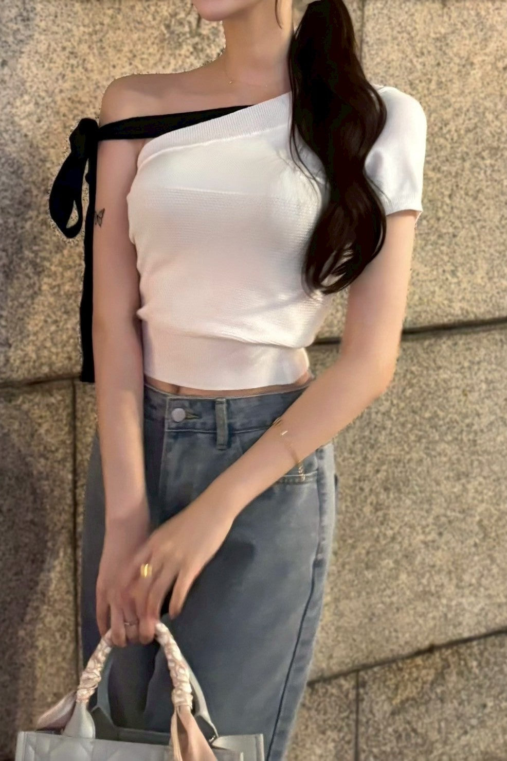 ワンオフショルダーリボントップス KR10045