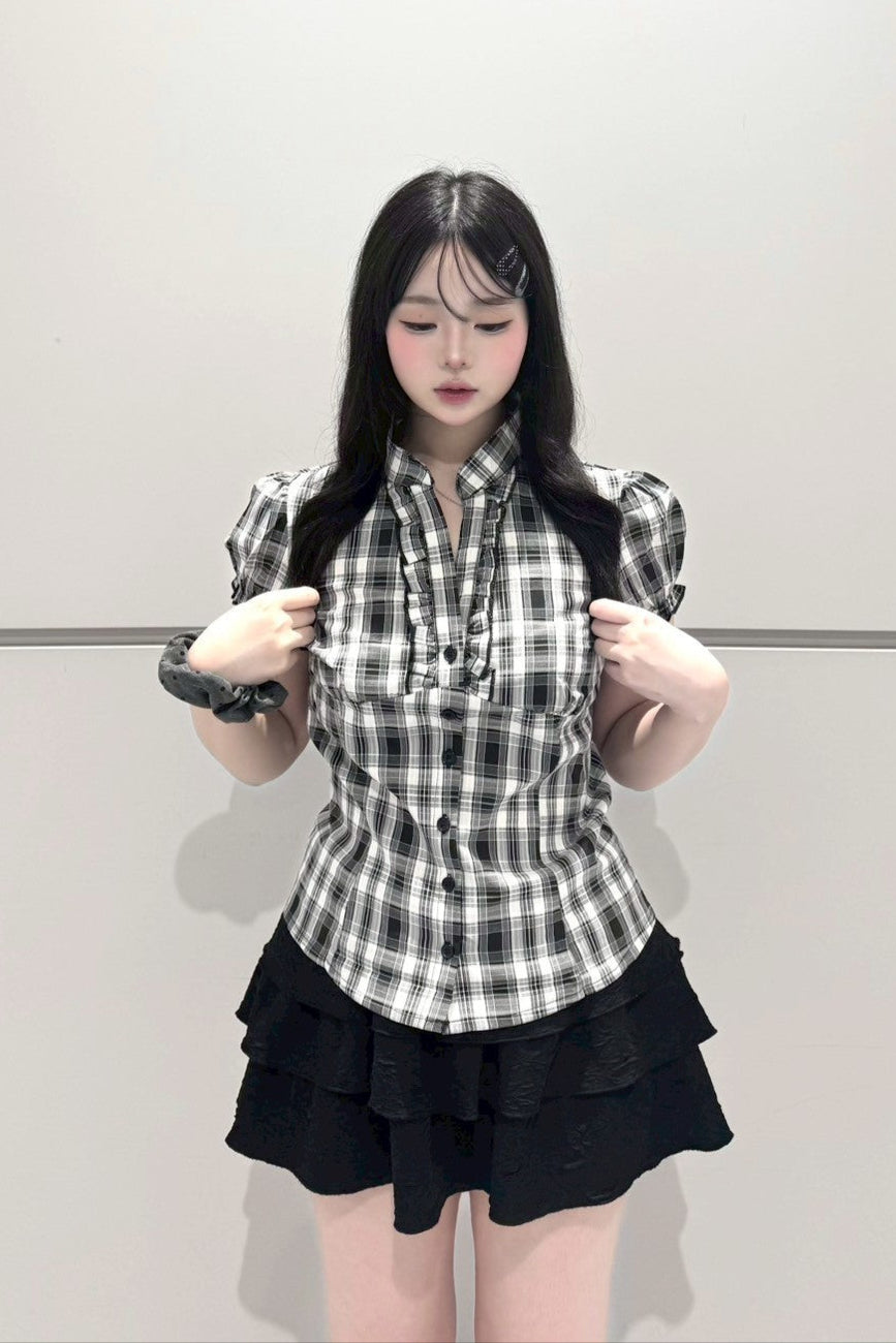 ブラックチェックパフスリーブブラウス KR10764