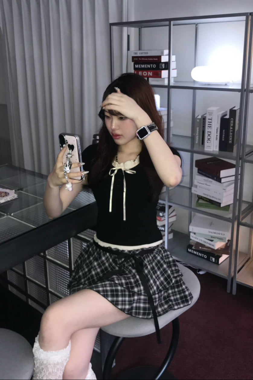 ダークチェックリボンスカート KR11228