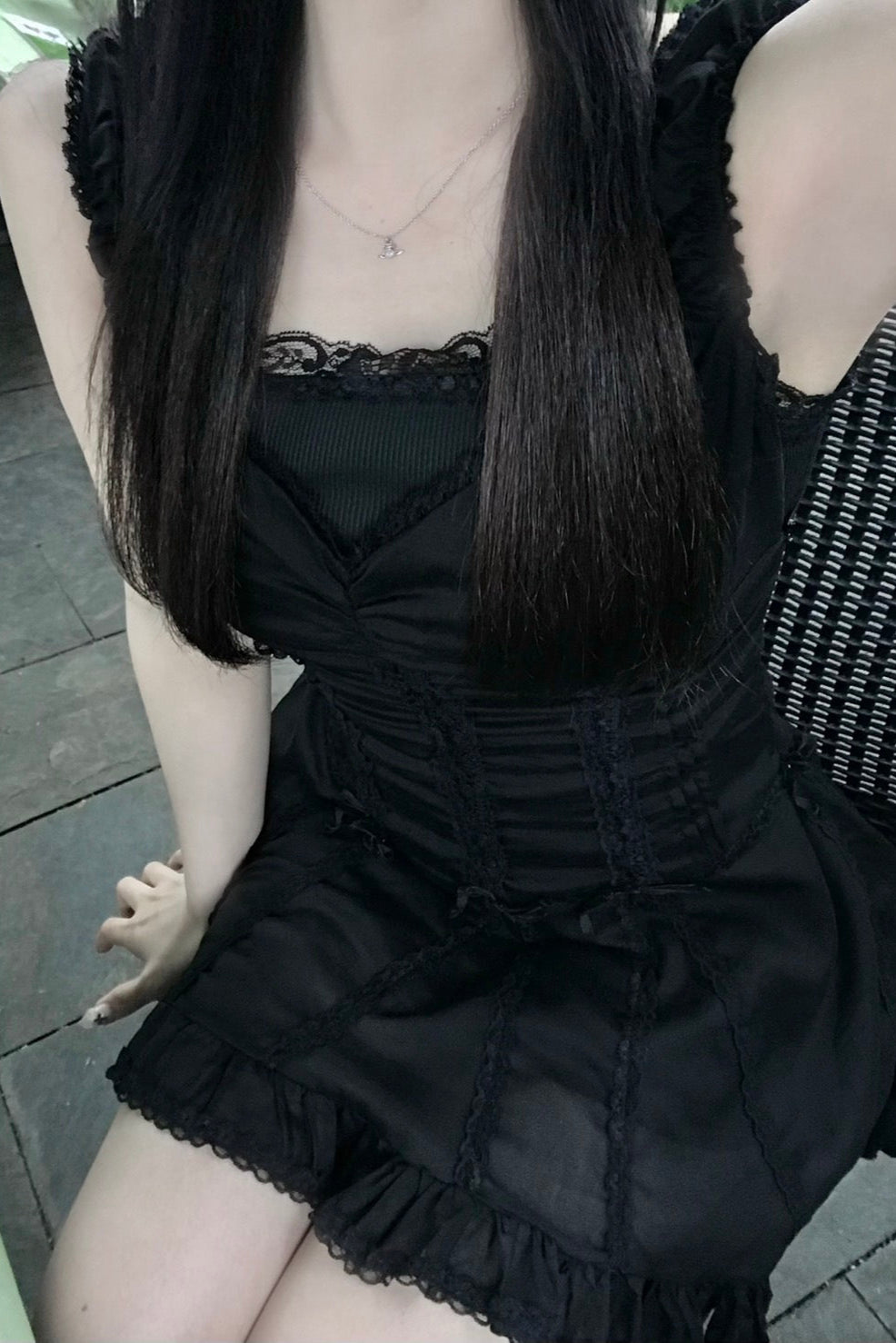 ブラックレースアップワンピース KR10084