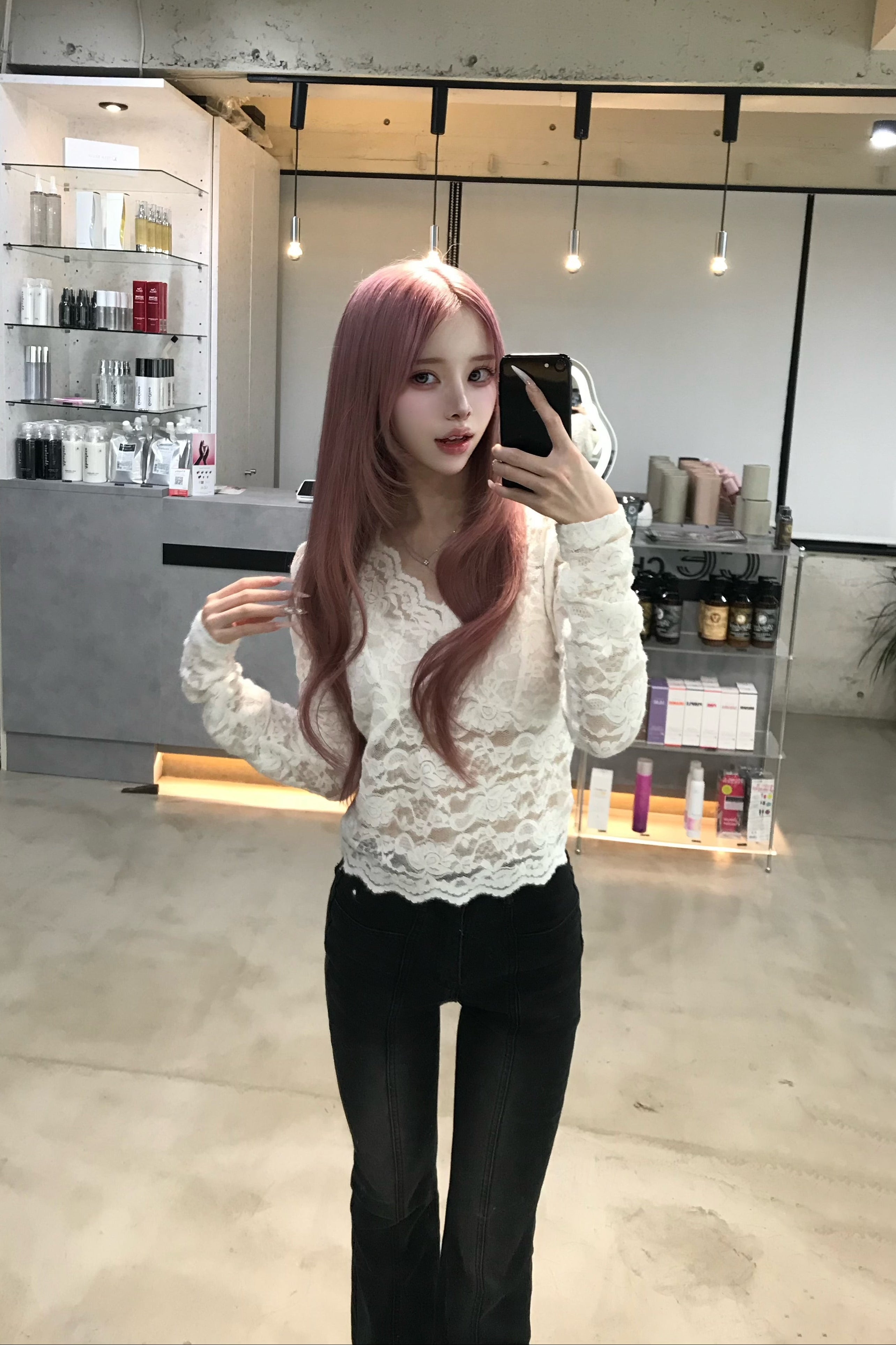 ディープVネックレーススリムトップス KR13997