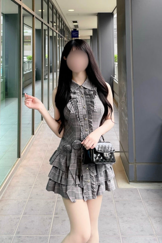 チェックホルターネックティアードワンピース KR15272