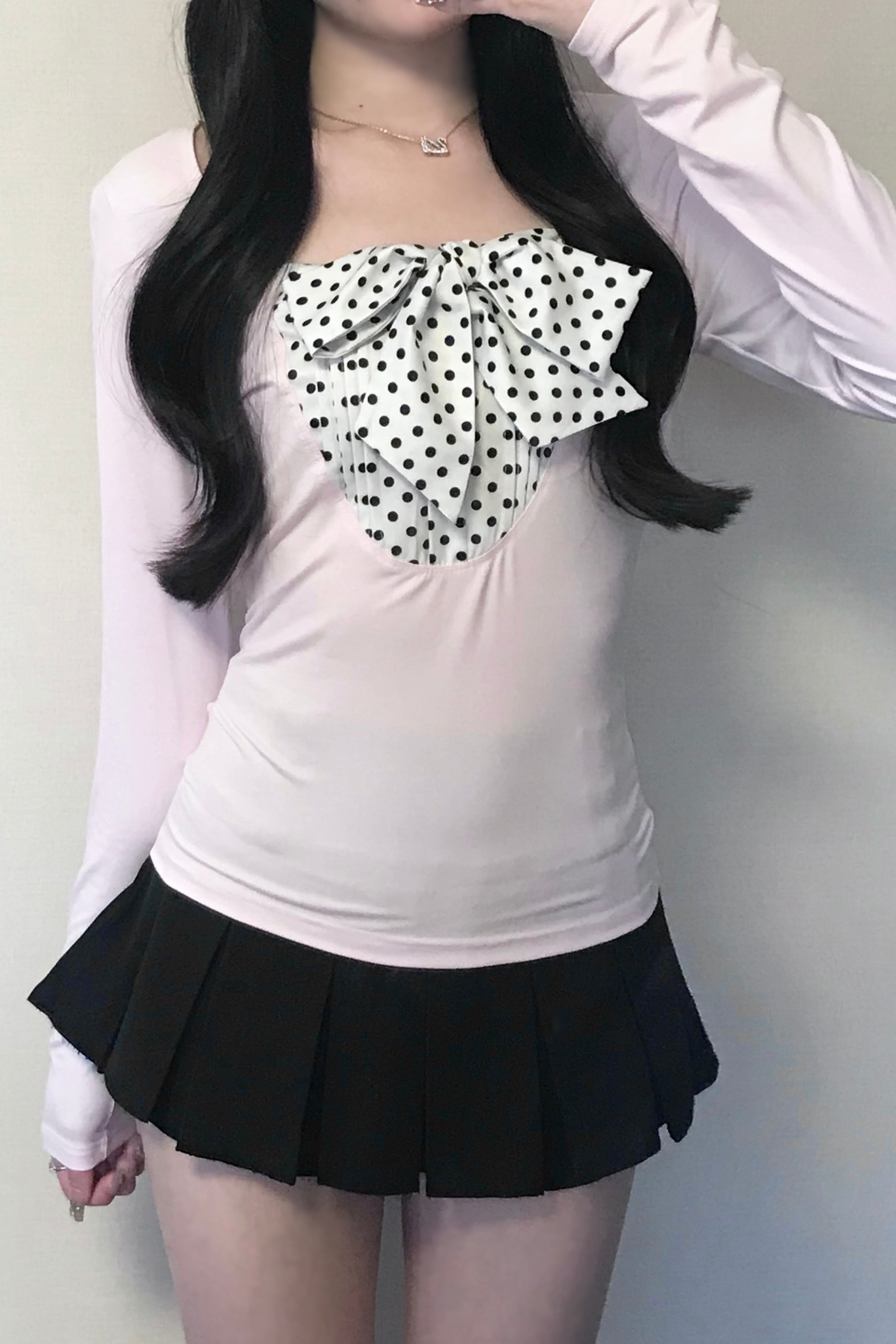 スクエアネックドットフロントリボントップス KR14595