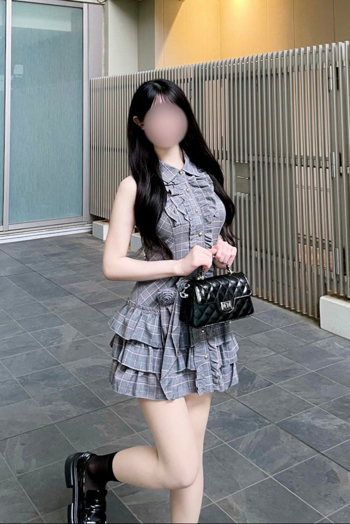 チェックホルターネックティアードワンピース KR15272