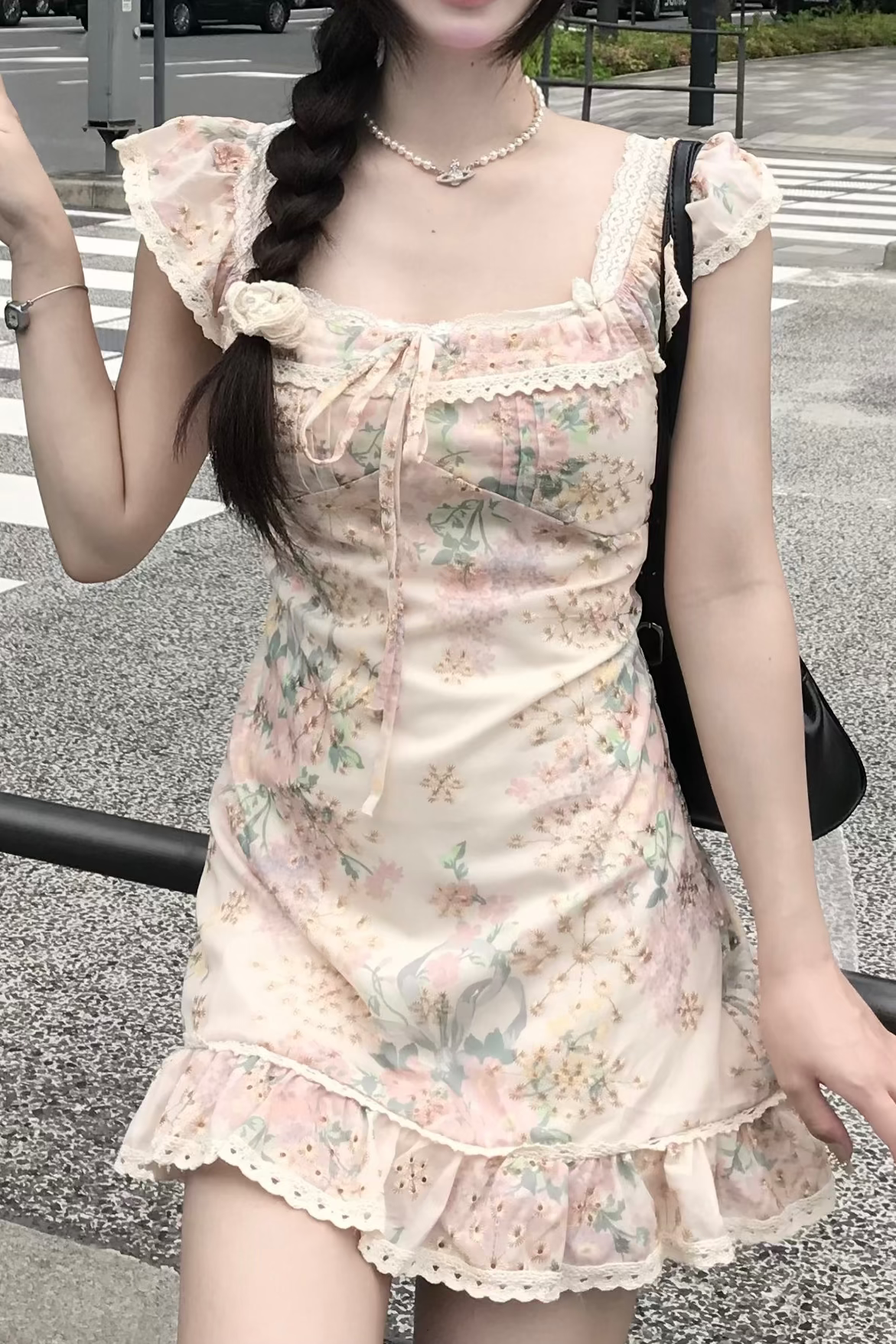 フラワーフロントリボンワンピース KR14752