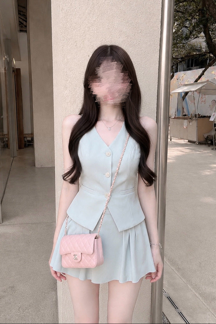 Vネックフロントボタンベストフレアミニセットアップ KR30667