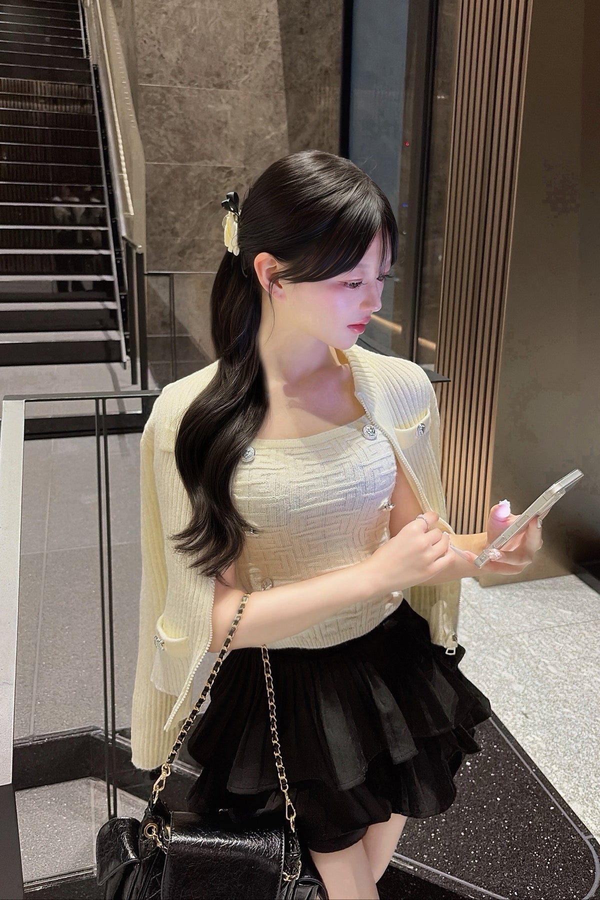 リブニットスクエアネックボタンカーディガンセット KR15941