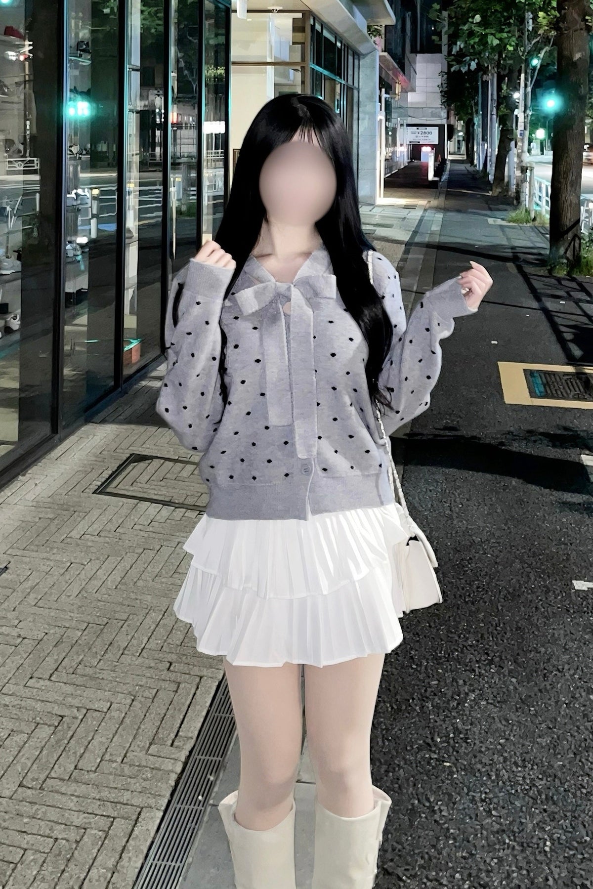 ボウタイリボンドットニットカーディガン KR16047