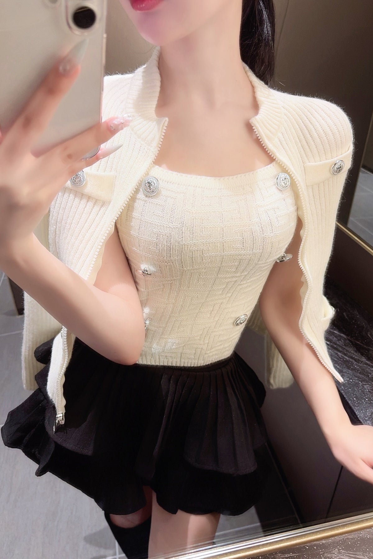 リブニットスクエアネックボタンカーディガンセット KR15941