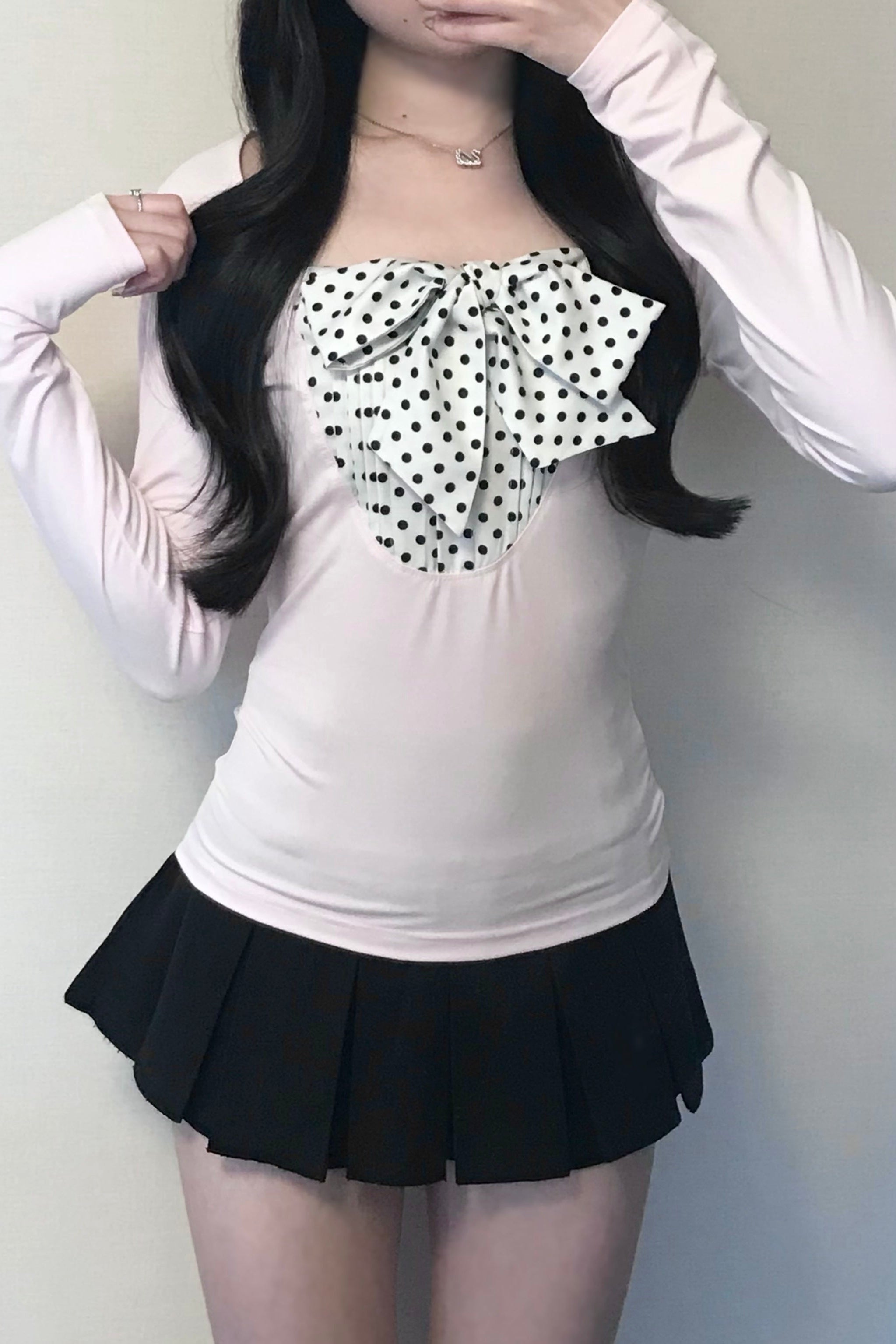 スクエアネックドットフロントリボントップス KR14595