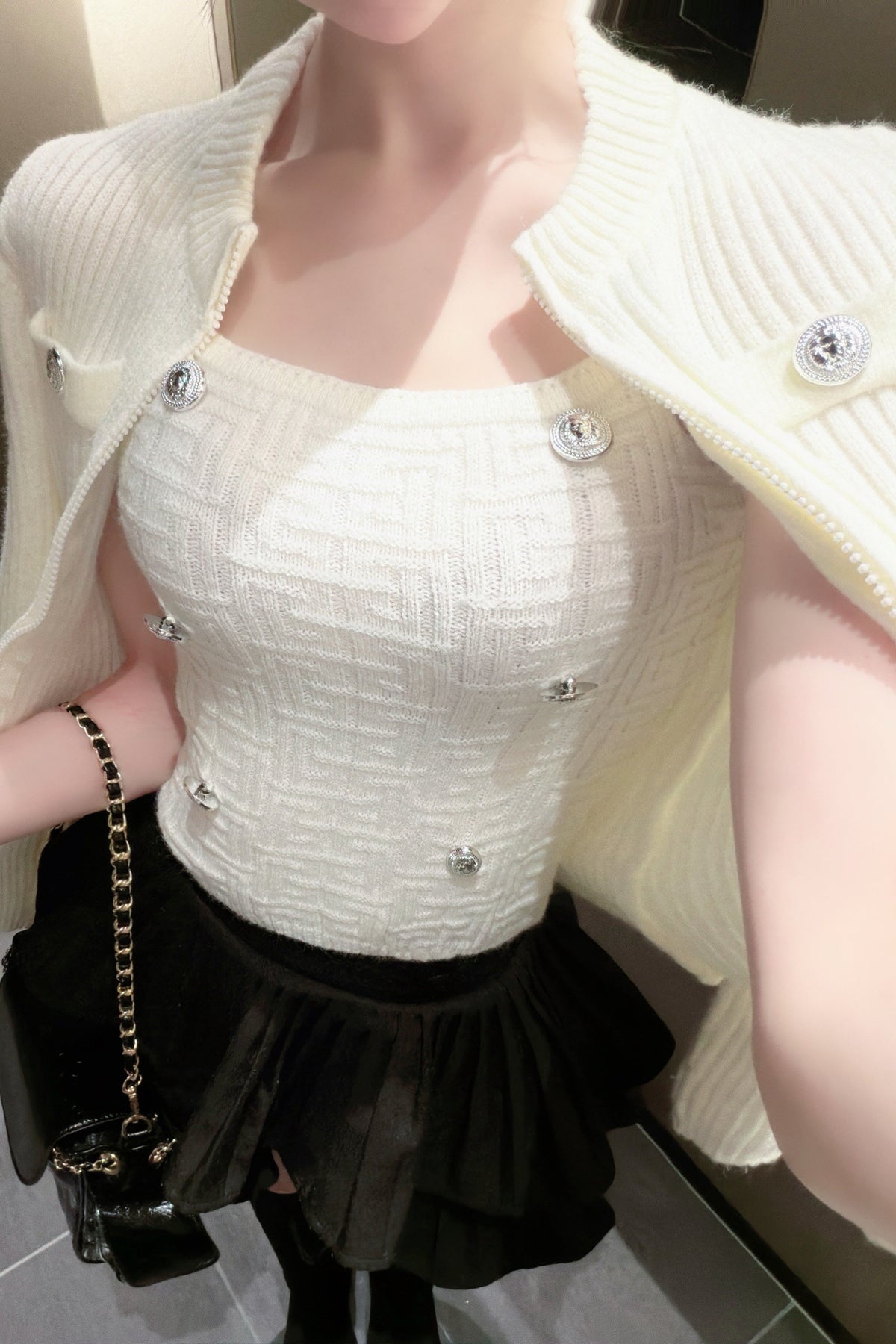 リブニットスクエアネックボタンカーディガンセット KR15941
