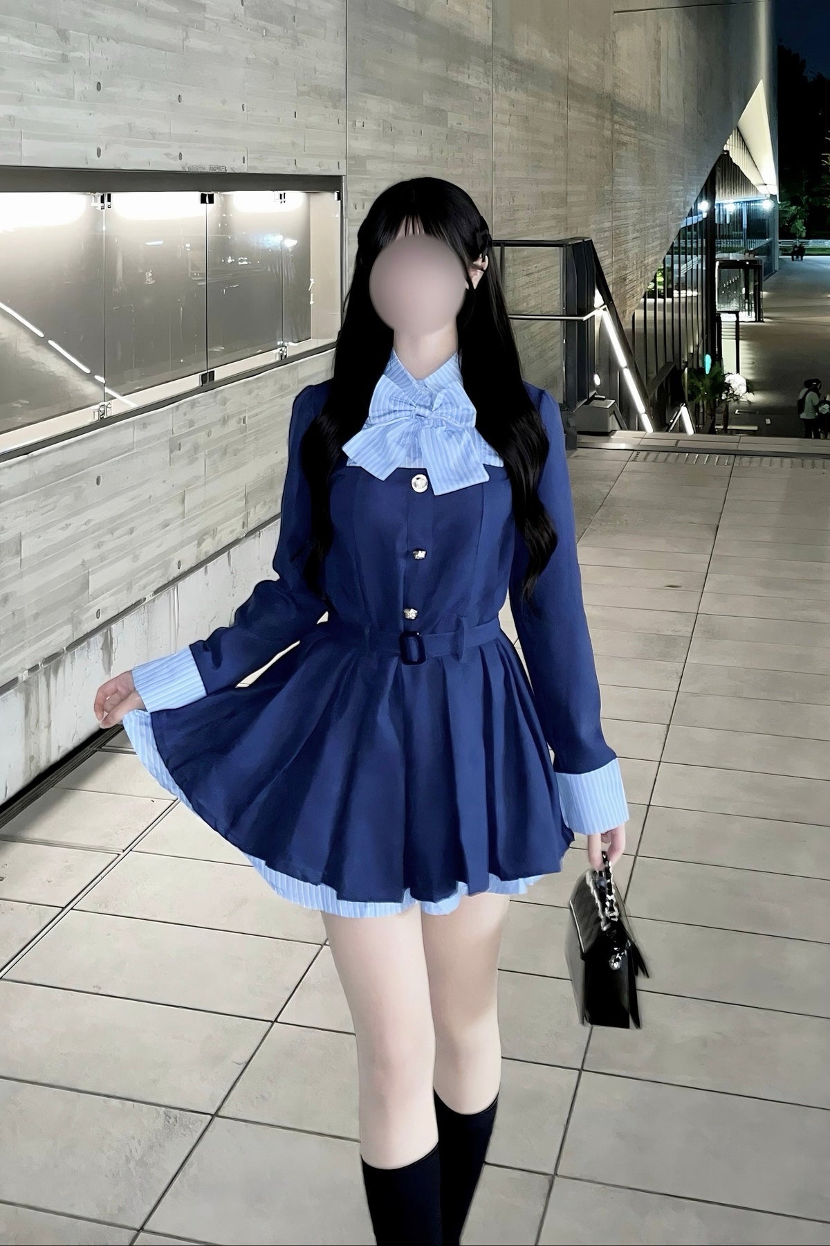 ストライプリボンフェイクレイヤードワンピース KR15839