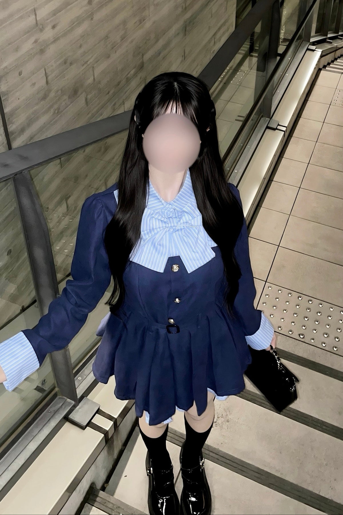 ストライプリボンフェイクレイヤードワンピース KR15839
