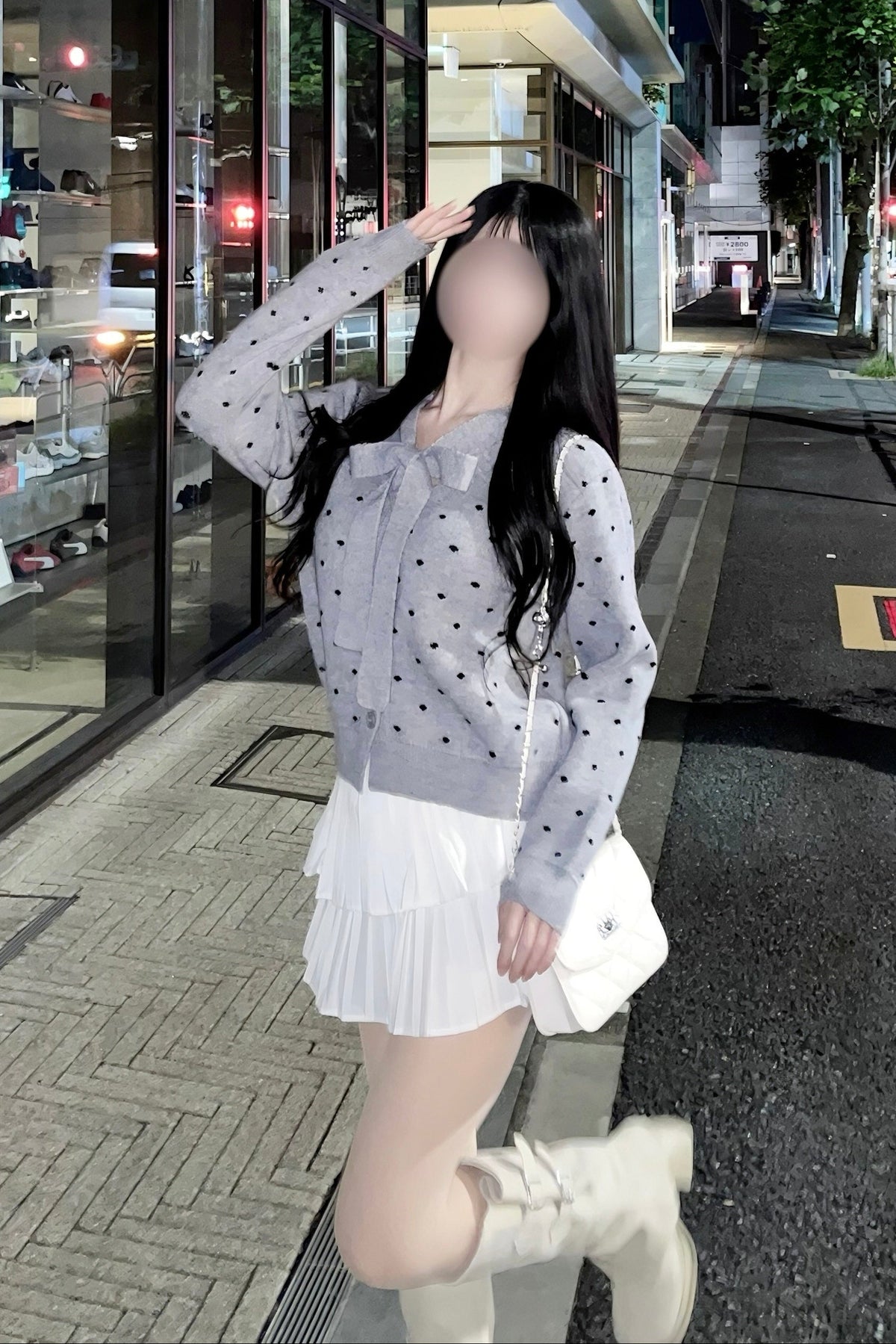 ボウタイリボンドットニットカーディガン KR16047
