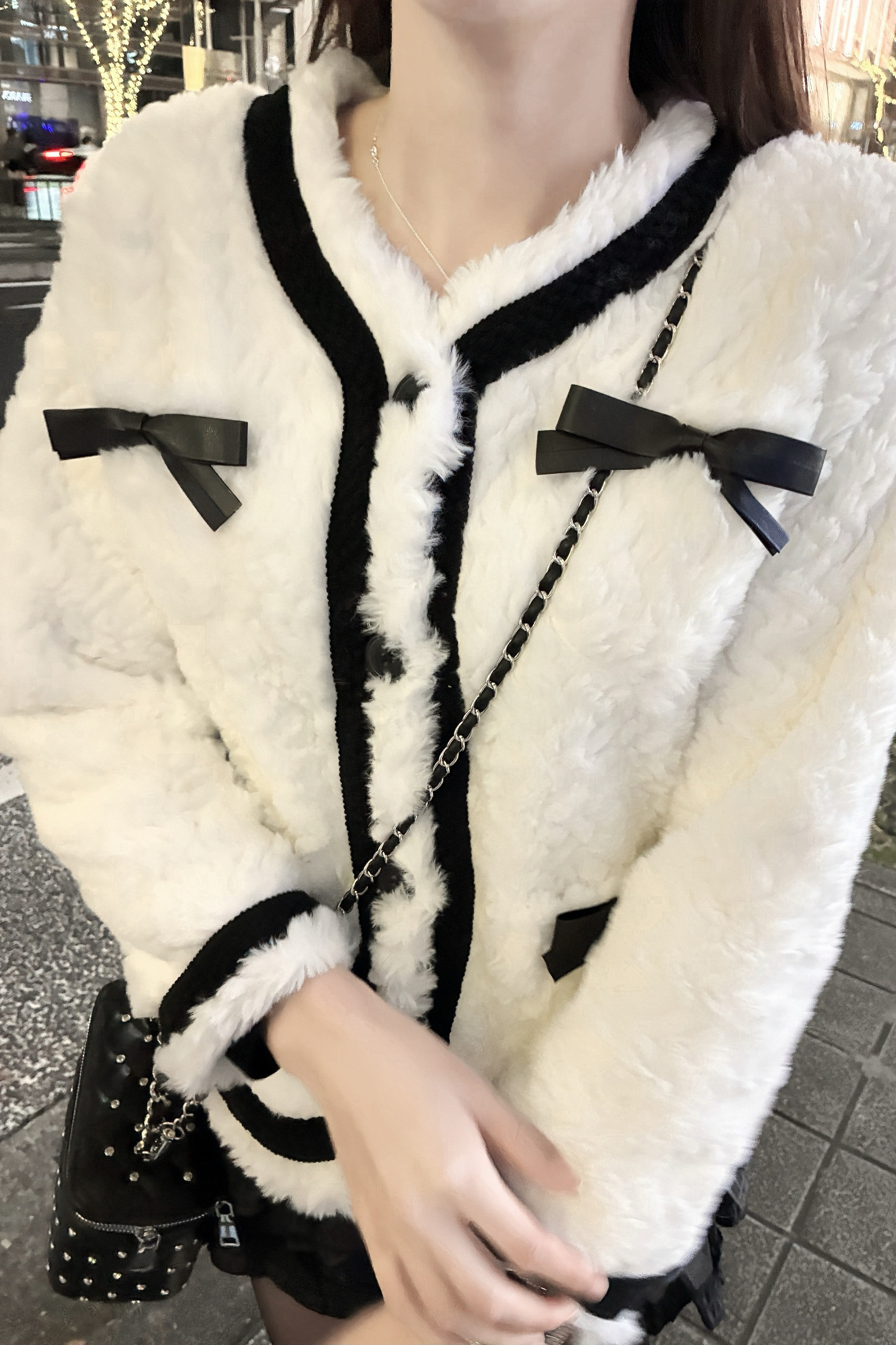 バイカラーリボンファーコート KR30286