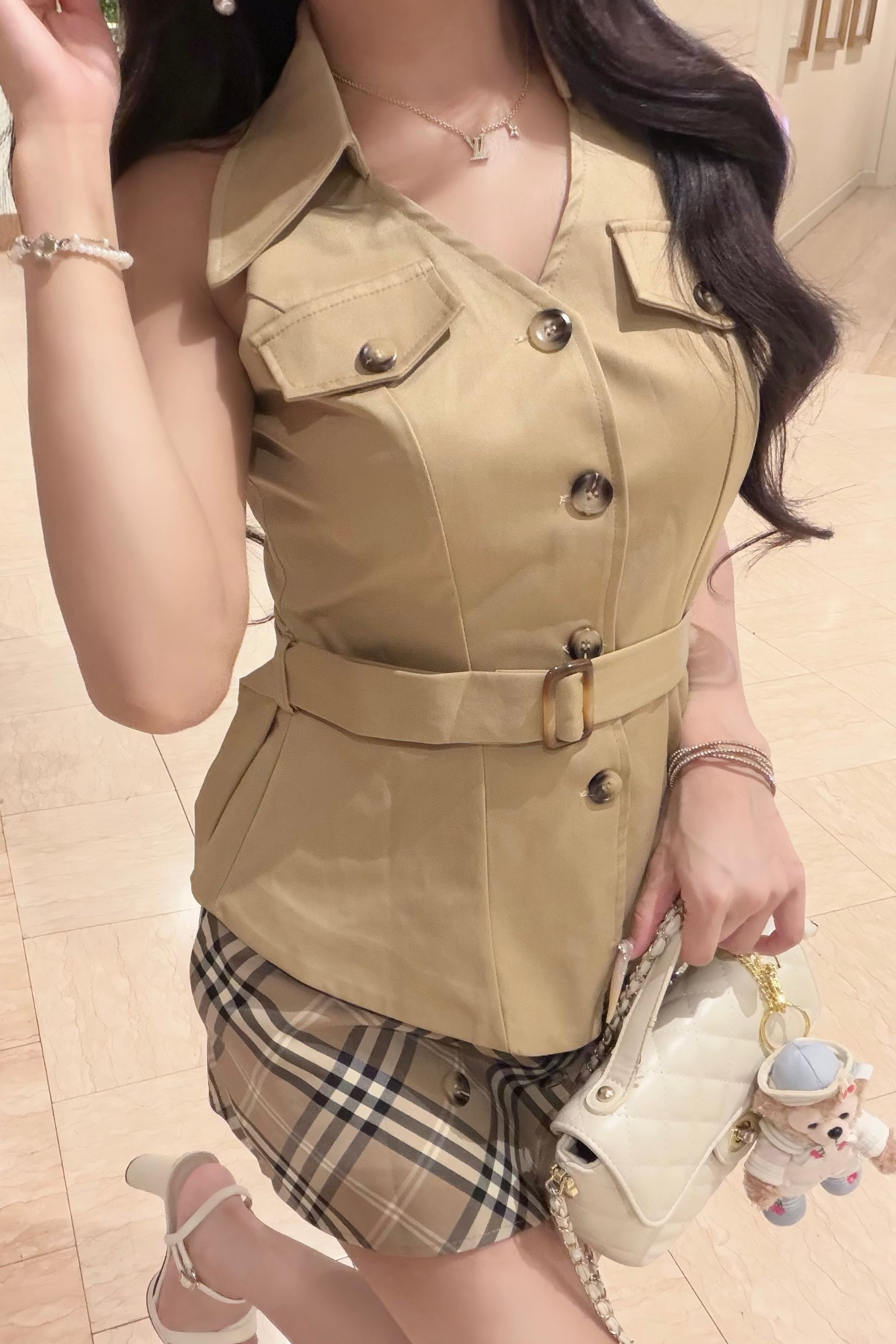 ホルターネックペプラムチェックセットアップ KR30671