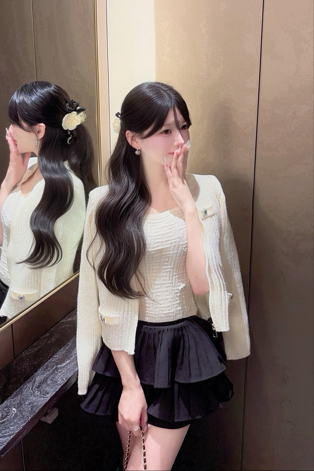 リブニットスクエアネックボタンカーディガンセット KR15941