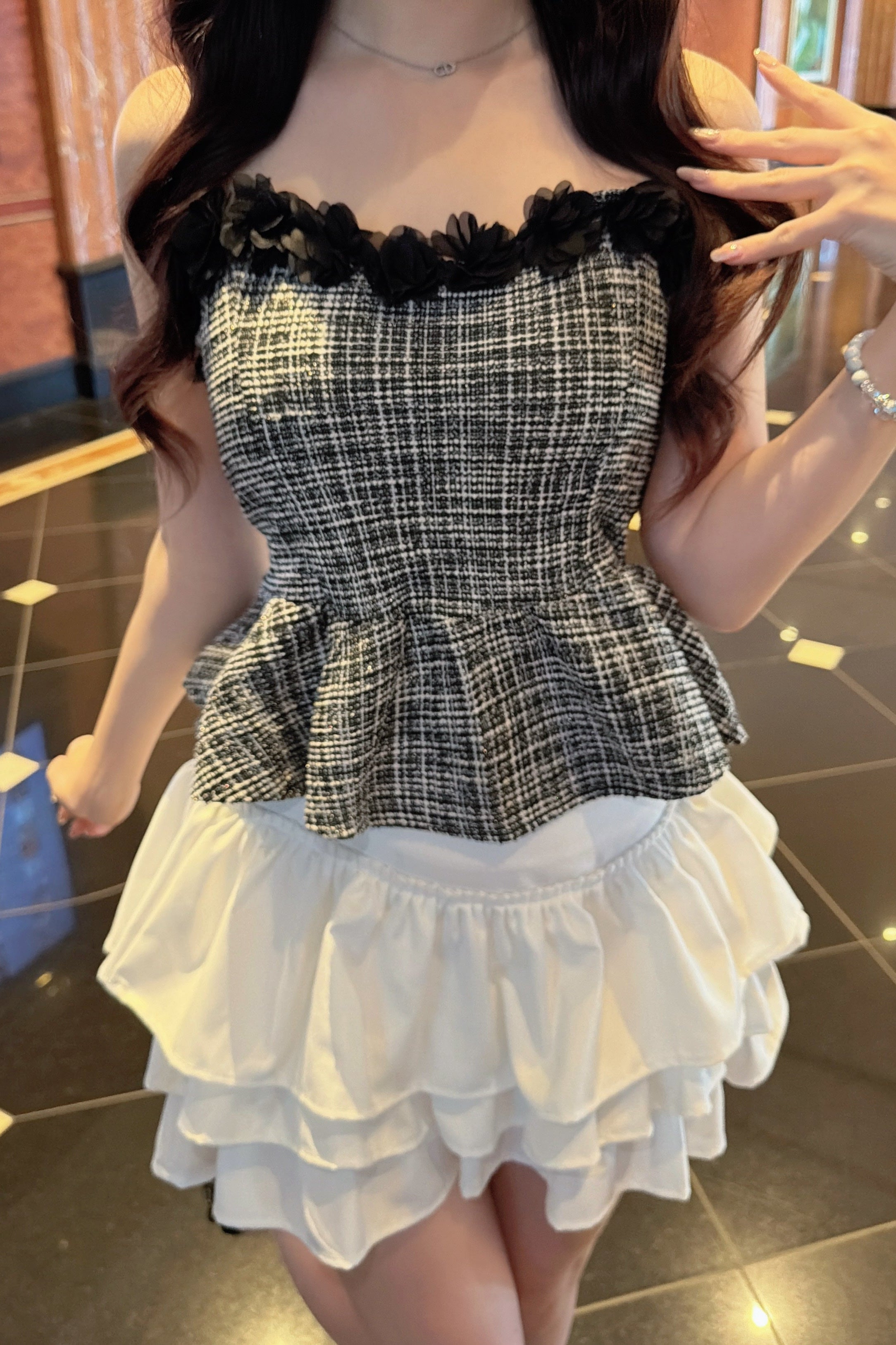 フラワーベアトップツイードペプラムビスチェ KR15524