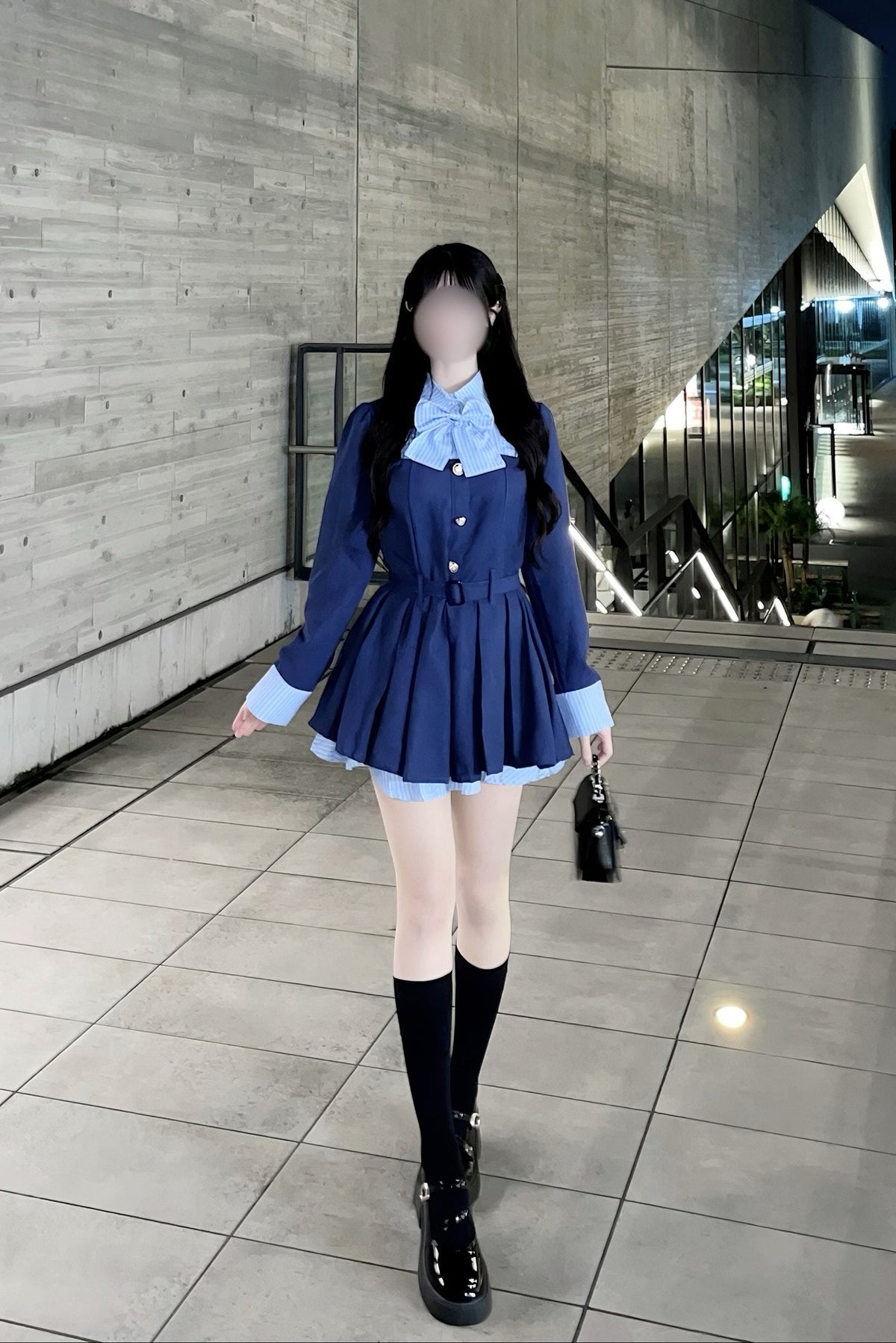 ストライプリボンフェイクレイヤードワンピース KR15839