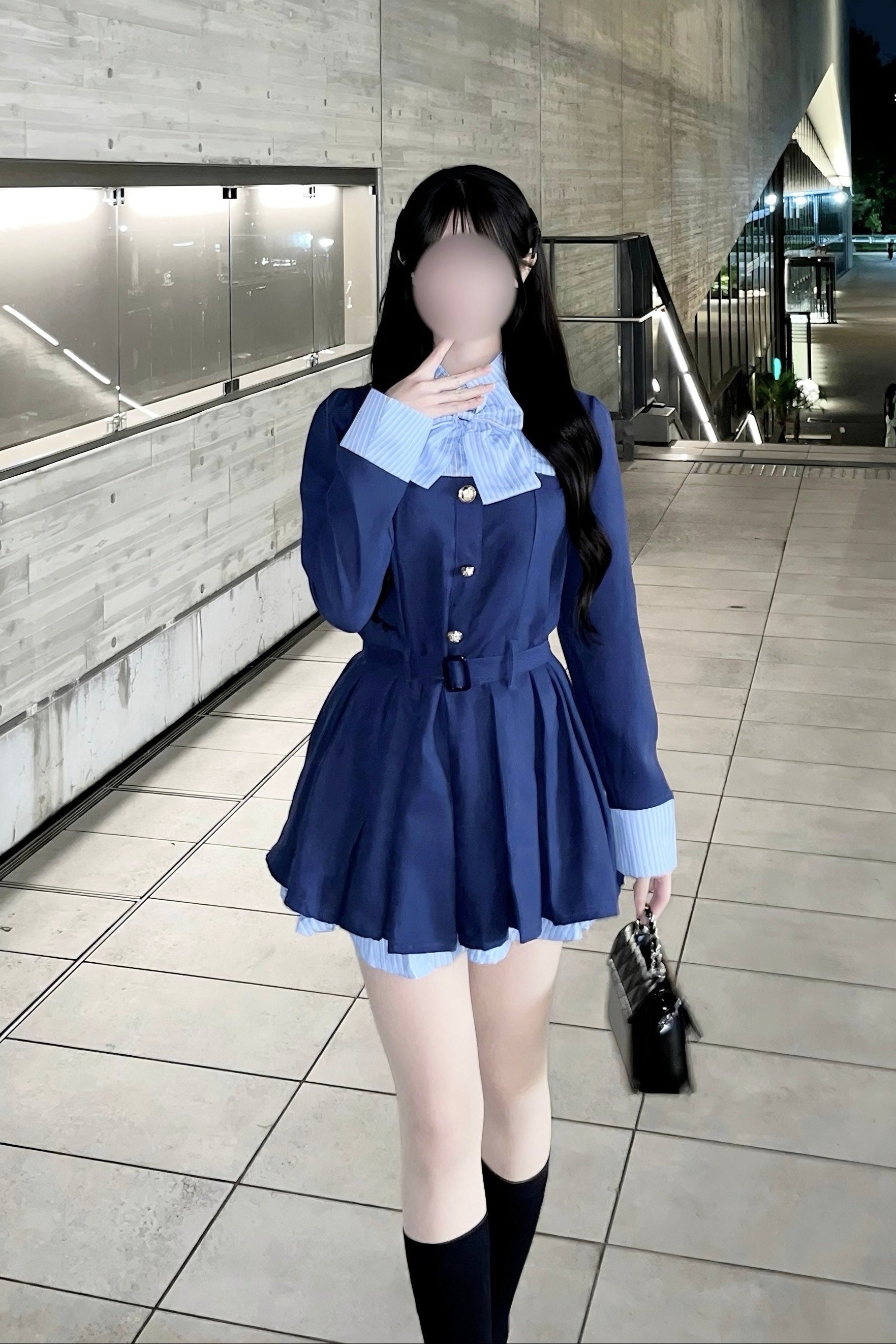 ストライプリボンフェイクレイヤードワンピース KR15839
