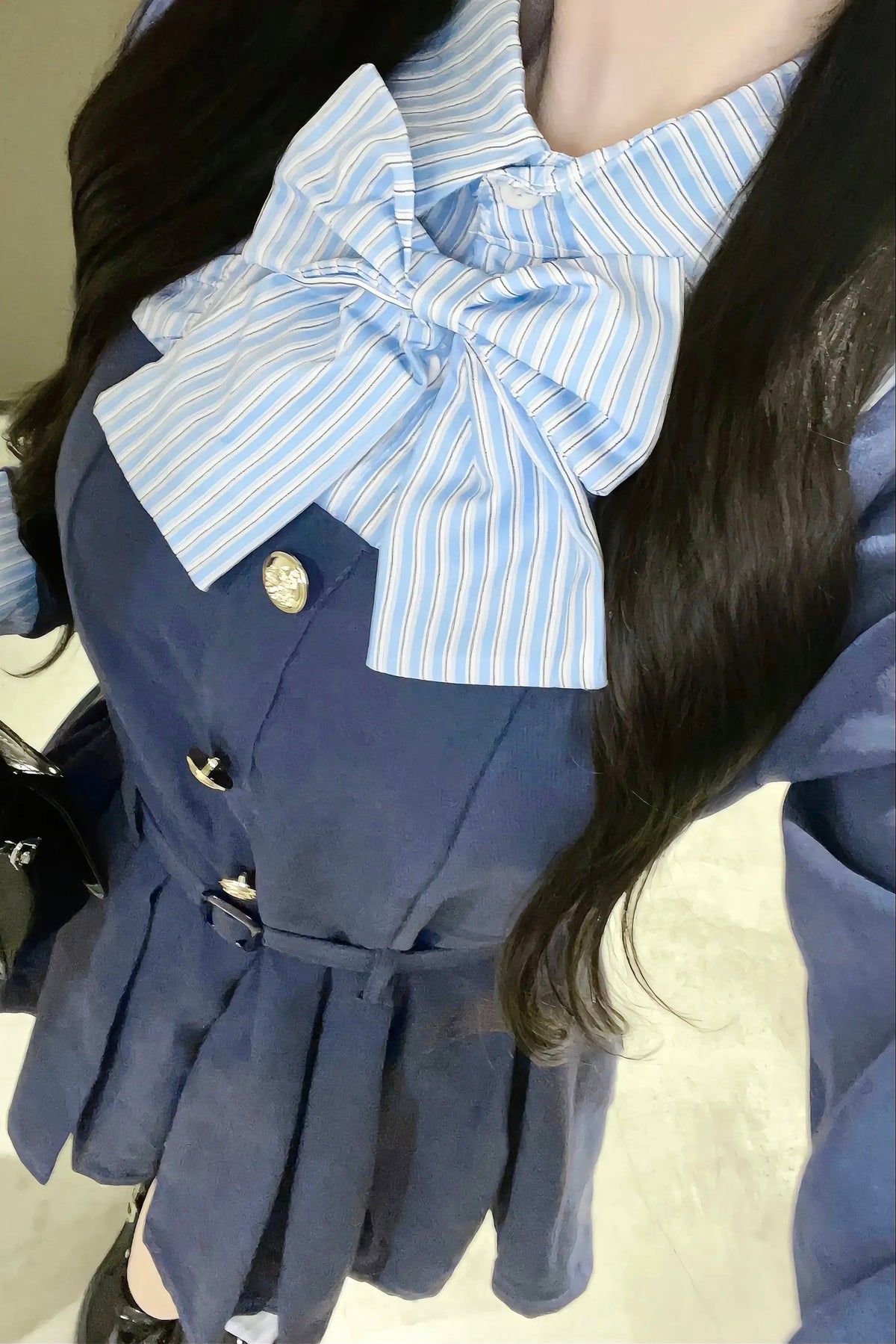 ストライプリボンフェイクレイヤードワンピース KR15839