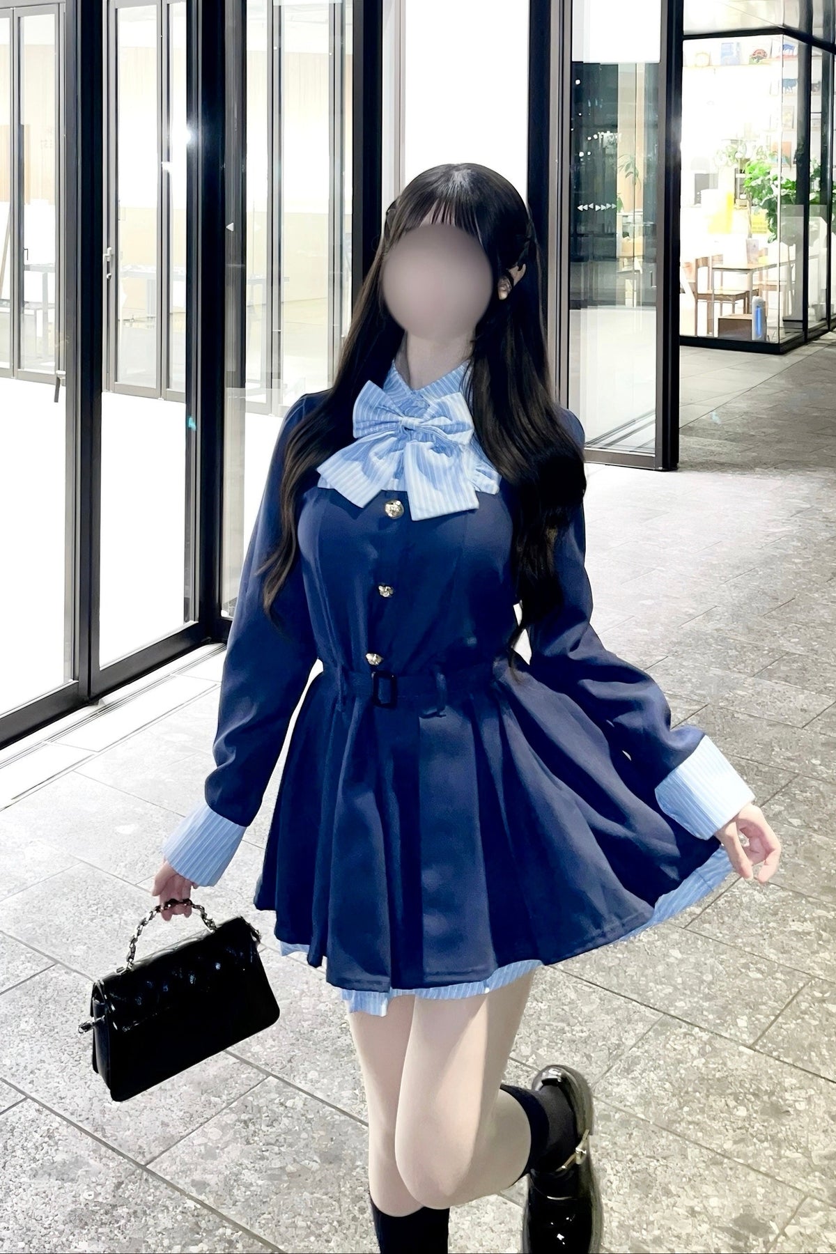 ストライプリボンフェイクレイヤードワンピース KR15839