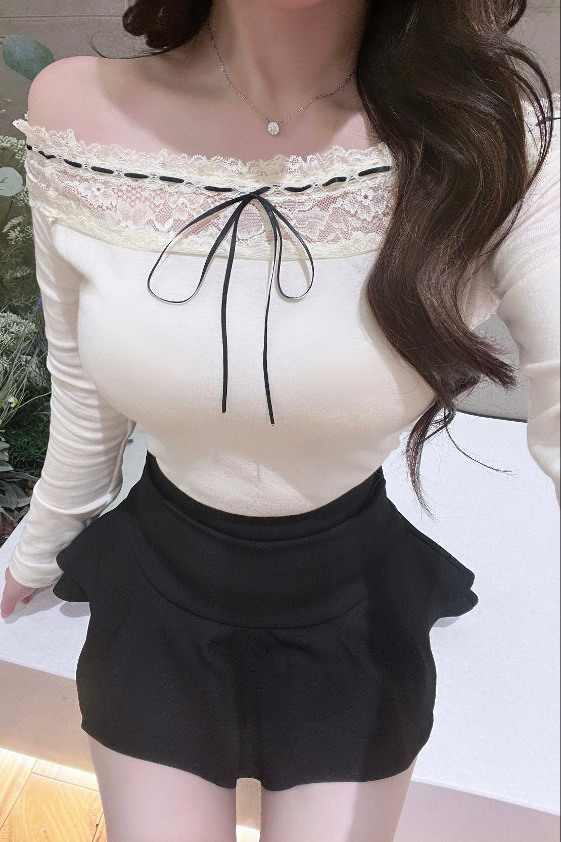 リボンレースオフショルダー KR14405