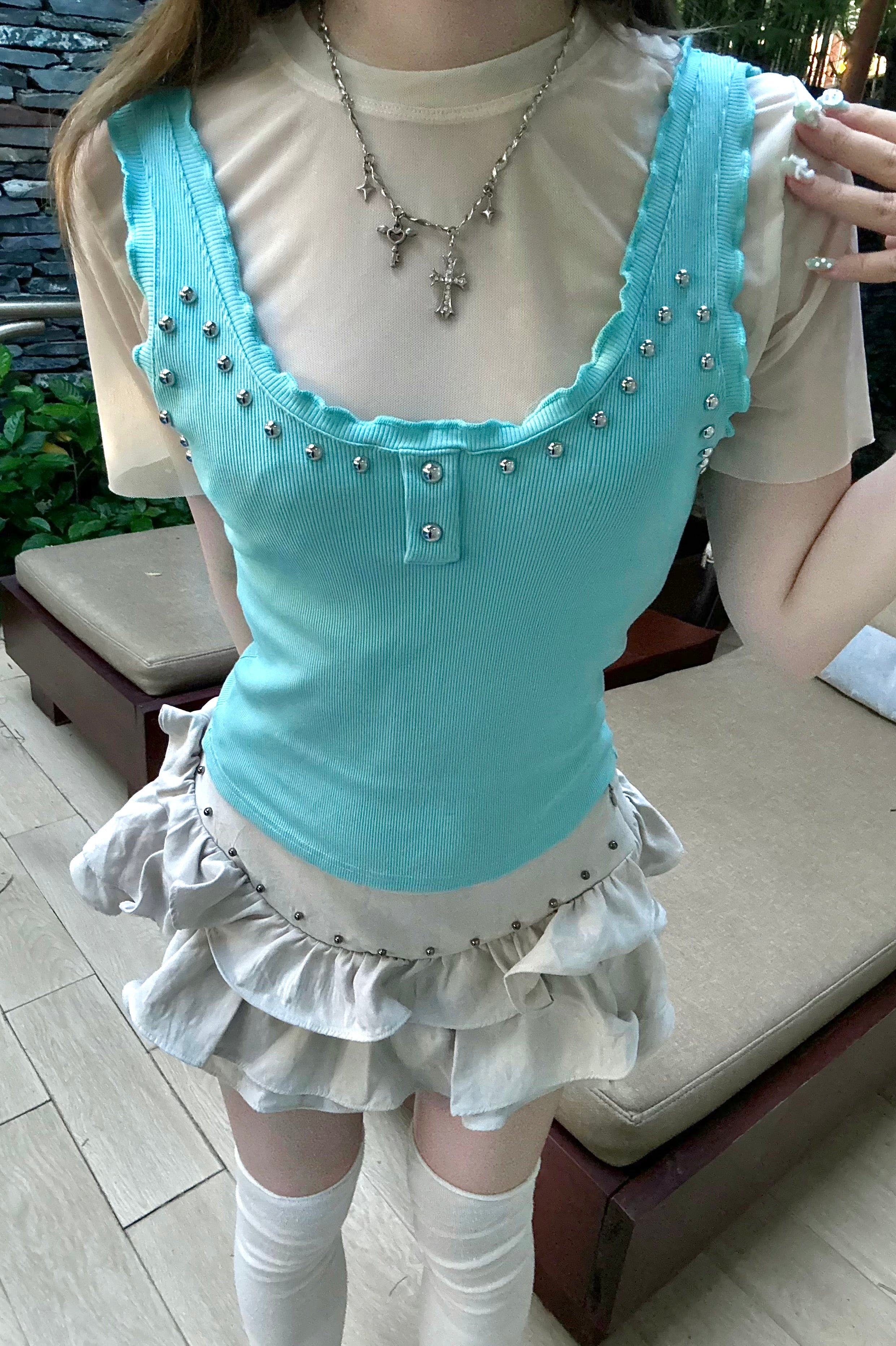 シアーショートスリーブスタッズツーピース KR15727
