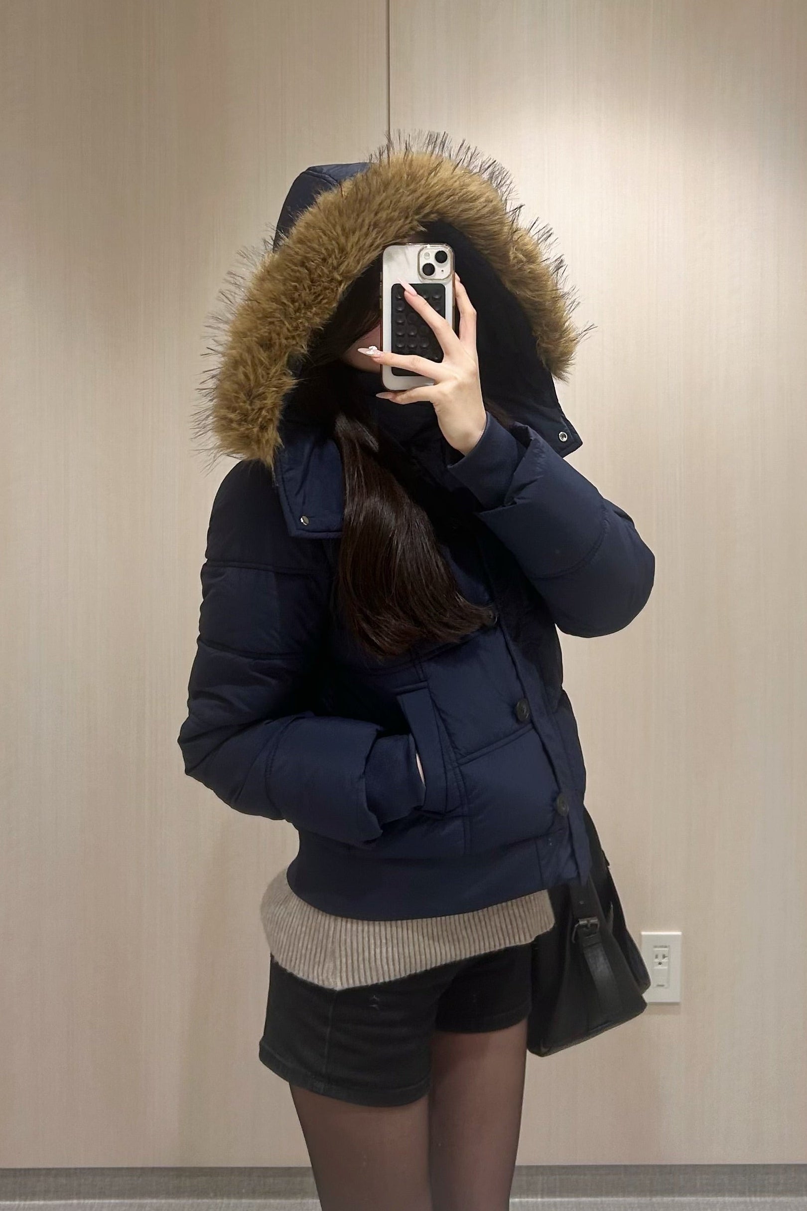 ファーフードハイネックミドルダウンジャケット KR30299