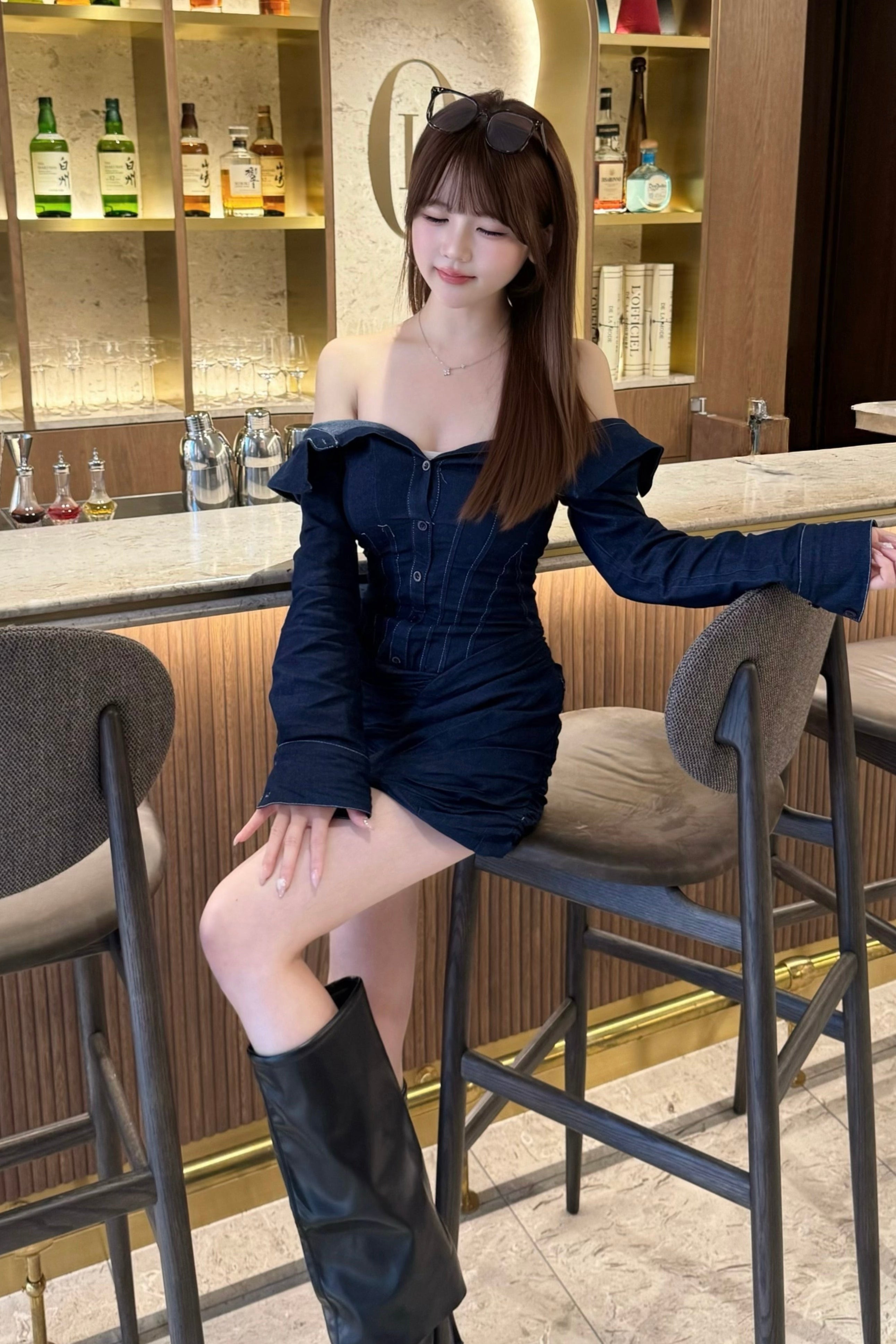 今週削除！本日のみ値下げ！Randy デニムオフショル ワンピース Off shoulder fur sleeve dress – Randy