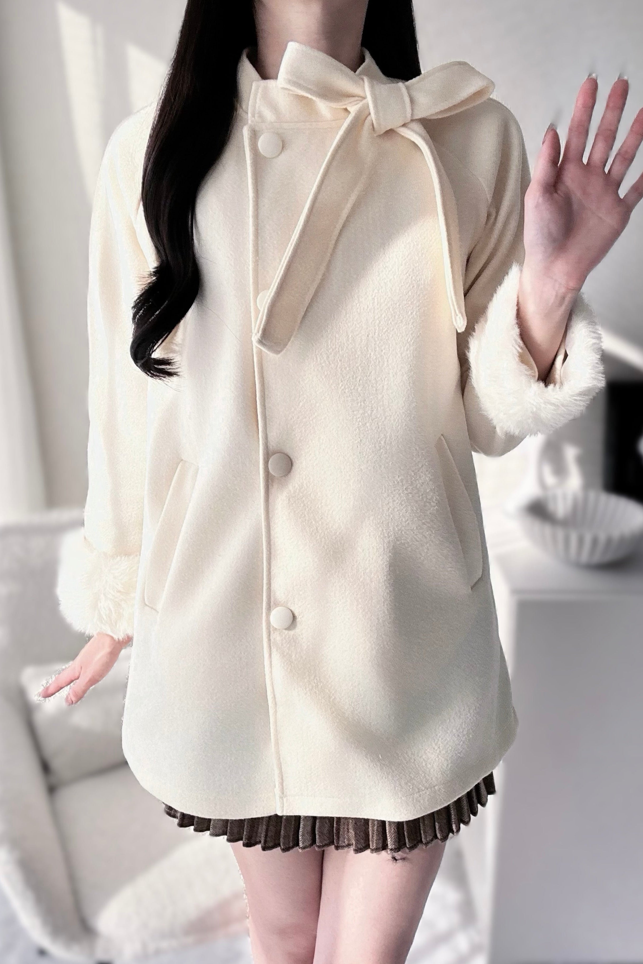 リボンロングファーコート KR30154