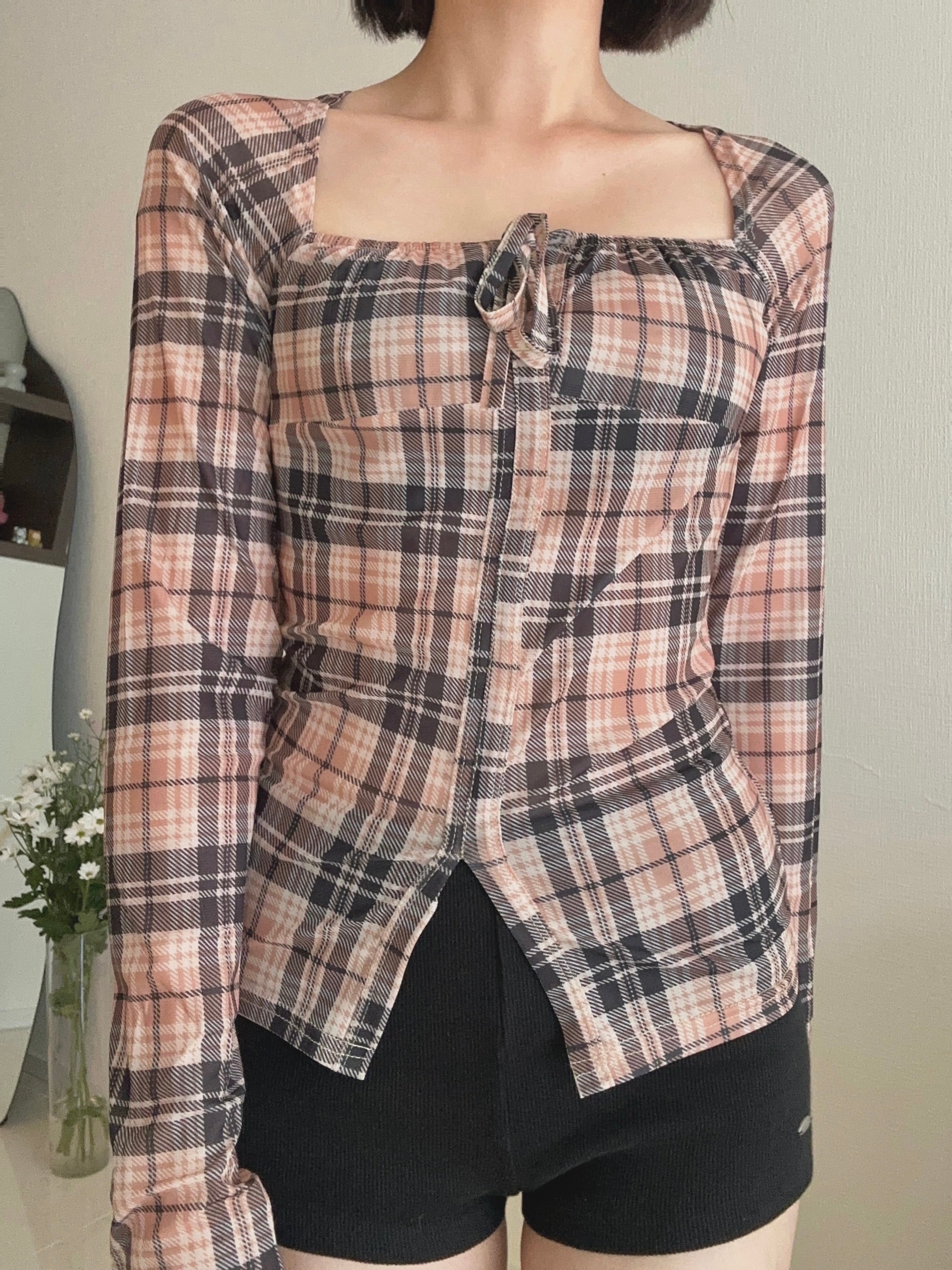 フロントリボンチェックトップス KR13473