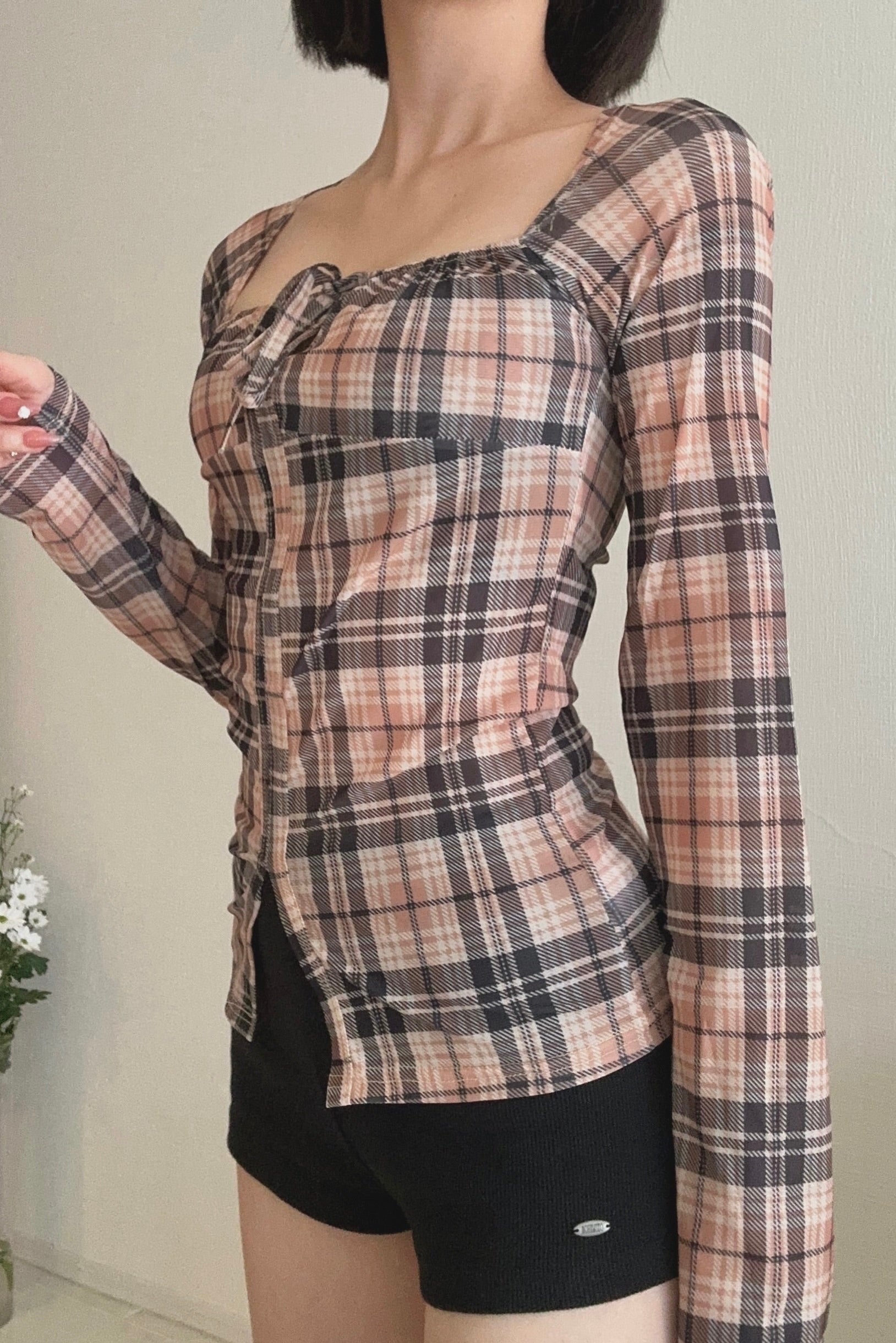 フロントリボンチェックトップス KR13473