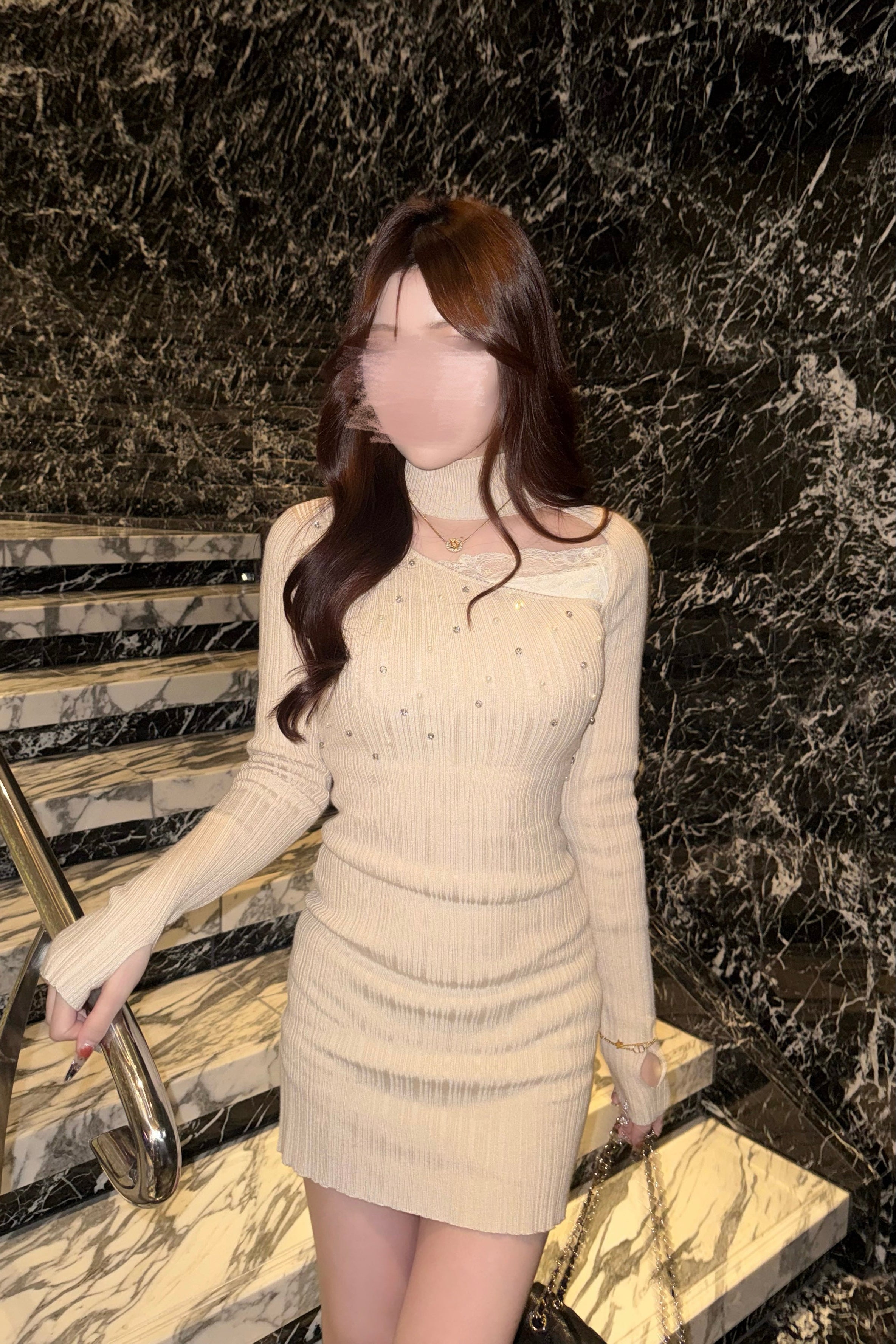 パールビジューアシメニットワンピース KR13937